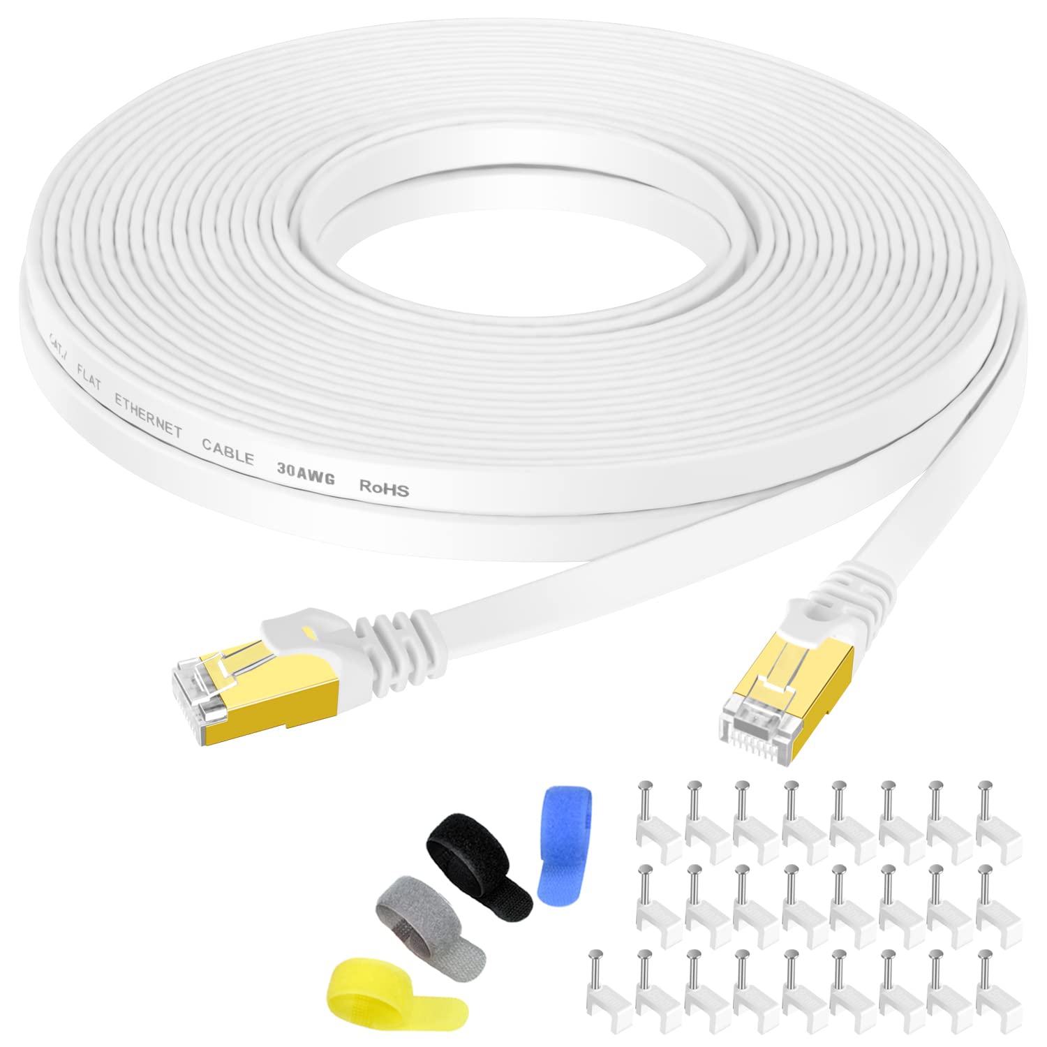 Cat7 Shielded Ethernet Cable 50ft White (Highest Speed Cable) Flat Internet Network Cable Support Cat5/Cat6 Network,600Mhz,10Gbps + Free Clips and Straps for Router Xbox Modem