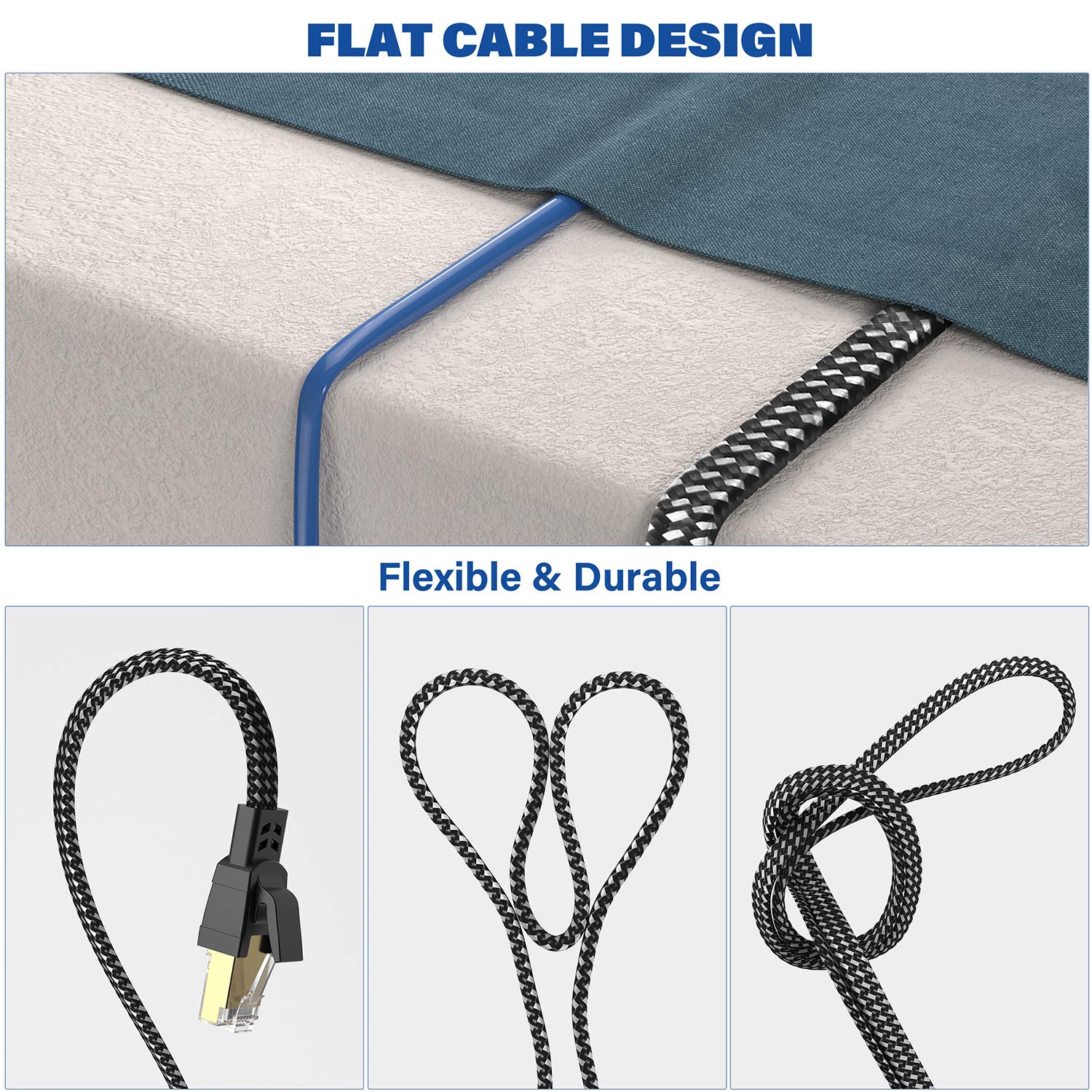 Cat 8 Ethernet Cable 6 ft 2 Pack, Nylon Braided High Speed Heavy Duty Cat8 Network LAN Patch Cord, 40Gbps 2000Mhz SFTP RJ45 Flat Cable Shielded in