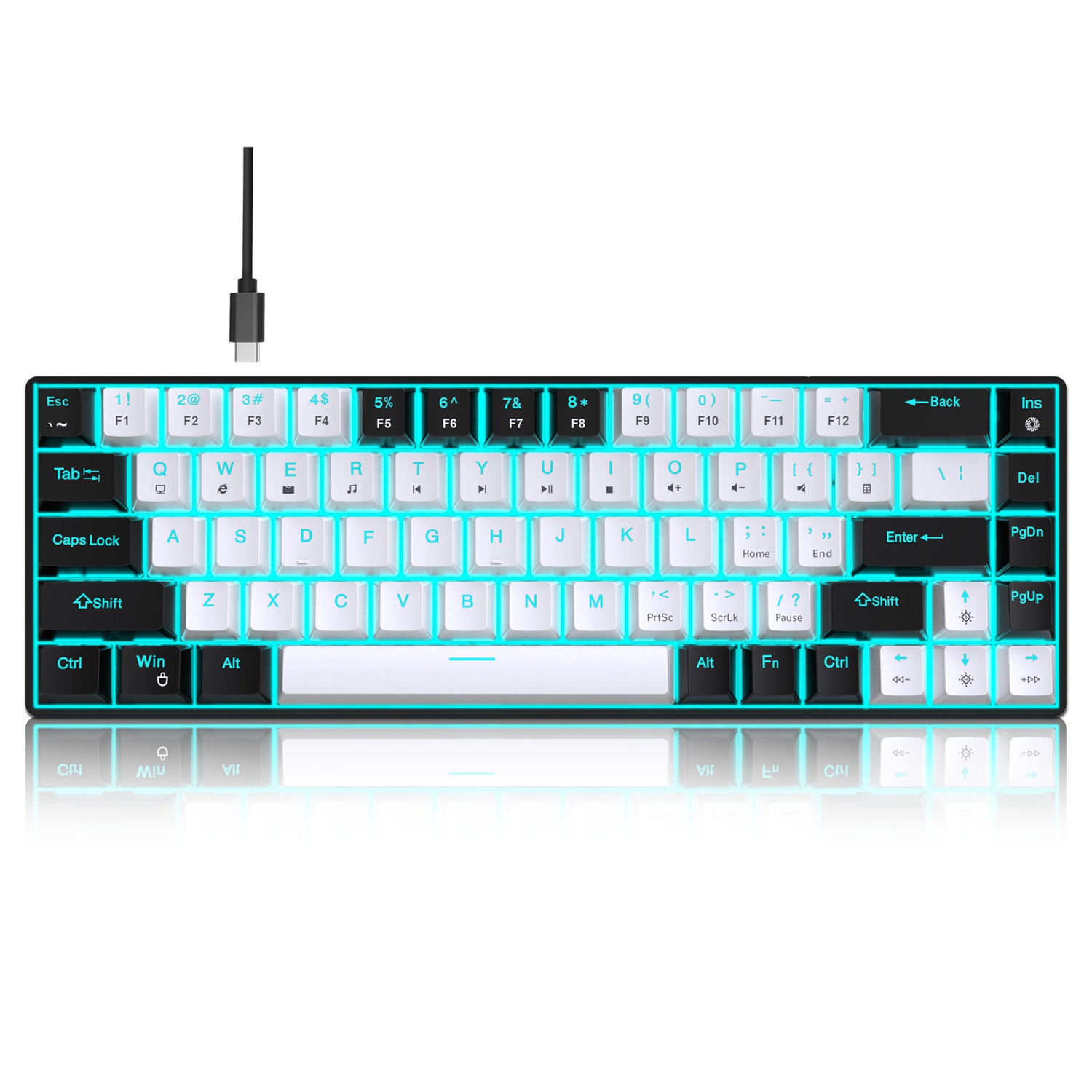 Clavier de jeu 60 % mécanique portatif, mini clavier de bureau avec fil rétroéclairé LED à 68 touches avec commutateur bleu pour Windows