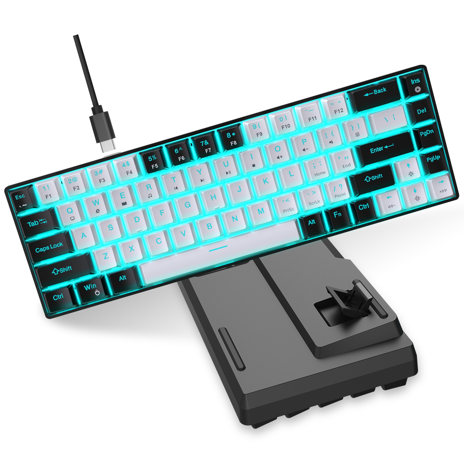 Clavier de jeu 60 % mécanique portatif, mini clavier de bureau avec fil rétroéclairé LED à 68 touches avec commutateur bleu pour Windows
