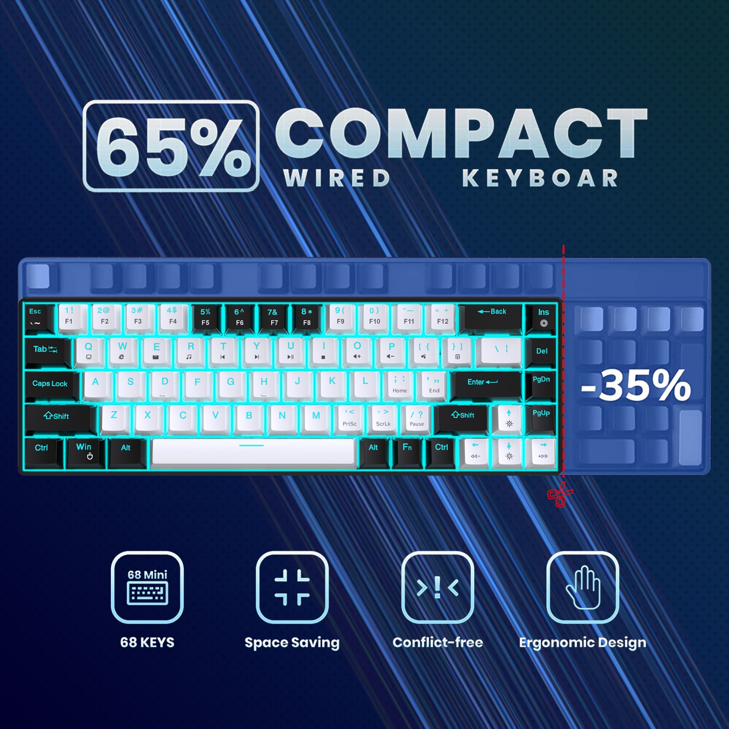 Clavier de jeu 60 % mécanique portatif, mini clavier de bureau avec fil rétroéclairé LED à 68 touches avec commutateur bleu pour Windows