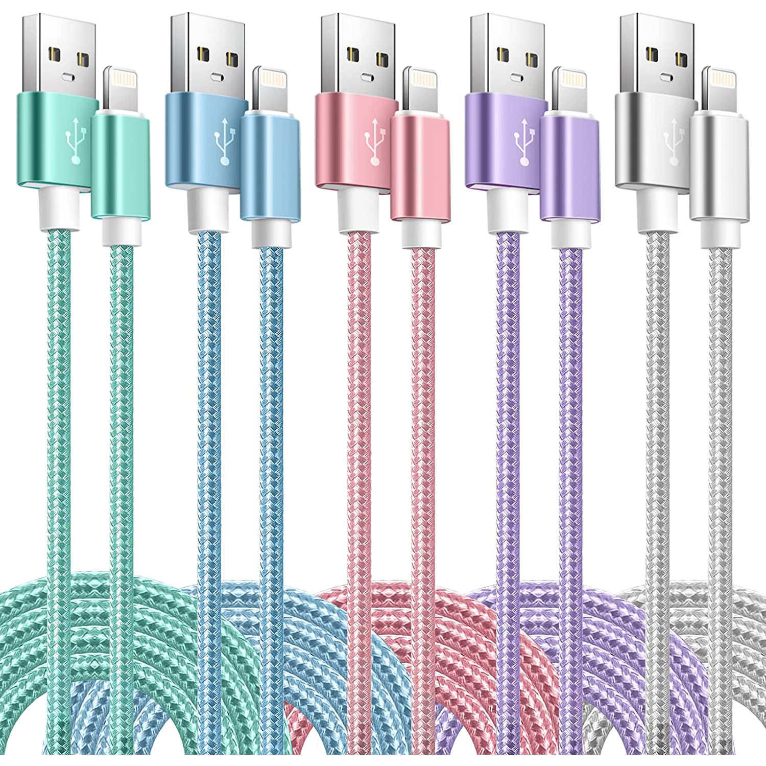 iPhone Charger Cord 5Pack (3/3/6/6/10FT) 5 Colors MFi Certified Nylon Braided iPhone Charging Cable Compatible with iPhone 13 12 Pro Max Mini 11 XR XS X 8 7 6s 6 Plus-Green/Blue//