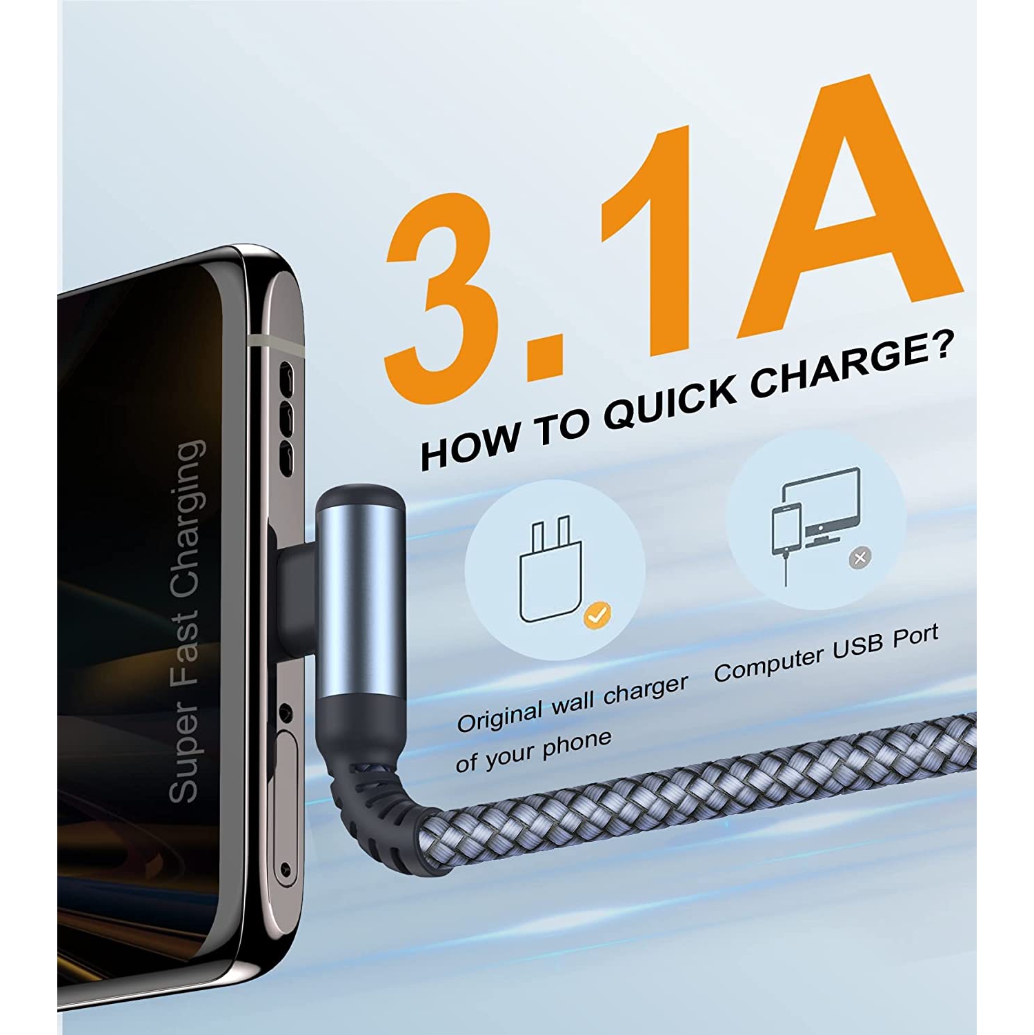 USB C Charging Cord Right Angle [2Pack, 6FT] 3.1A, A USB C Cable Fast Charger Cable Nylon Braided Cord for Samsung S22 S21 S10 S9 S8 Plus/Ultra/FE,