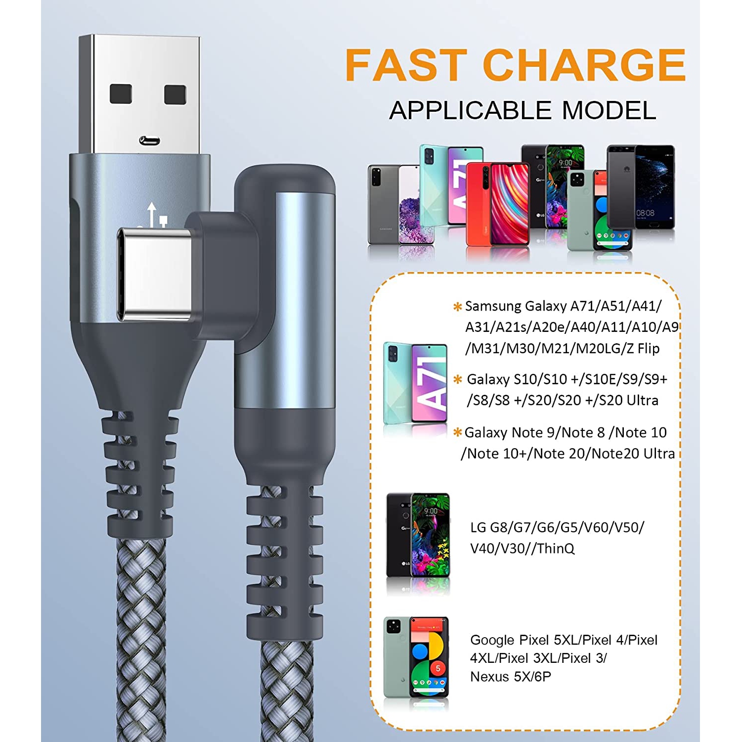 USB C Charging Cord Right Angle [2Pack, 6FT] 3.1A, A USB C Cable Fast Charger Cable Nylon Braided Cord for Samsung S22 S21 S10 S9 S8 Plus/Ultra/FE,