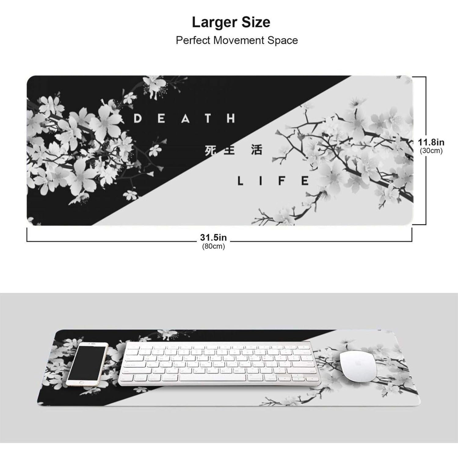 Black and White Mouse Pad Cherry Blossom Gaming Mouse Pad XL Long Mouse Pad Large XXL Mousepad Extended Stitched Edges Non-Slip Rubber Base Mice Pad
