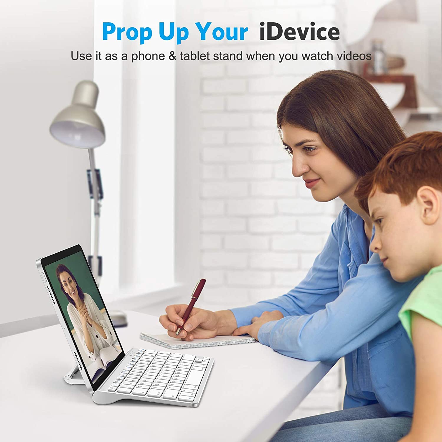 O Ultra-Slim Wireless Bluetooth Keyboard Compatible with All iPad, iPad 10.2 9th Generation/Mini 6 2021, Build-in Sliding Stand, White