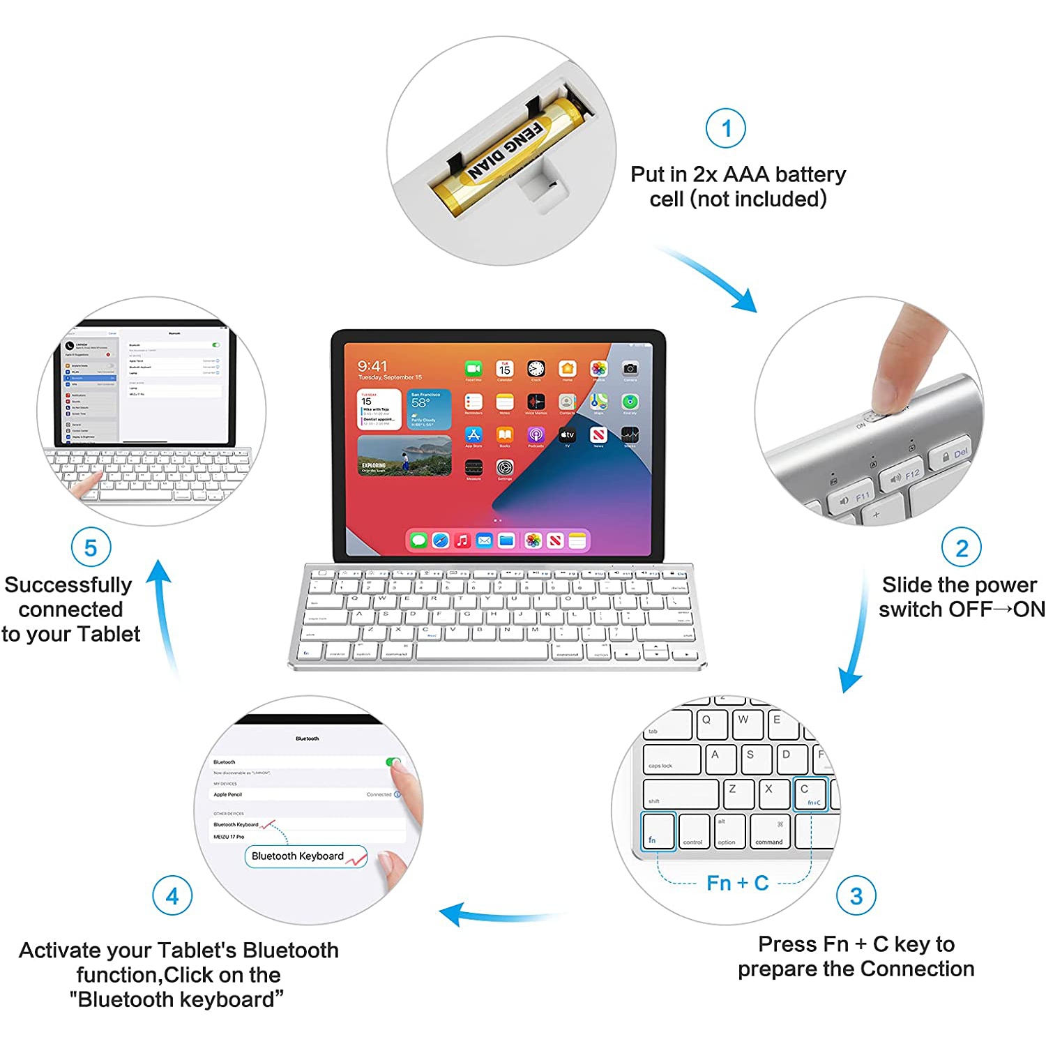 O Ultra-Slim Wireless Bluetooth Keyboard Compatible with All iPad, iPad 10.2 9th Generation/Mini 6 2021, Build-in Sliding Stand, White