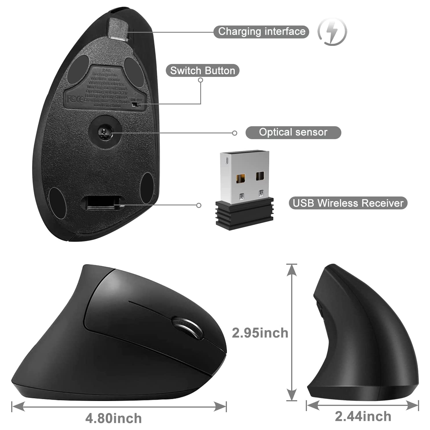 V Ergonomic Mouse, Rechargeable Wireless Mouse, 2.4GHz Rechargeable Wireless Vertical Optical Mice with USB Receiver, 6 Buttons, 800/1200/1600 DPI,