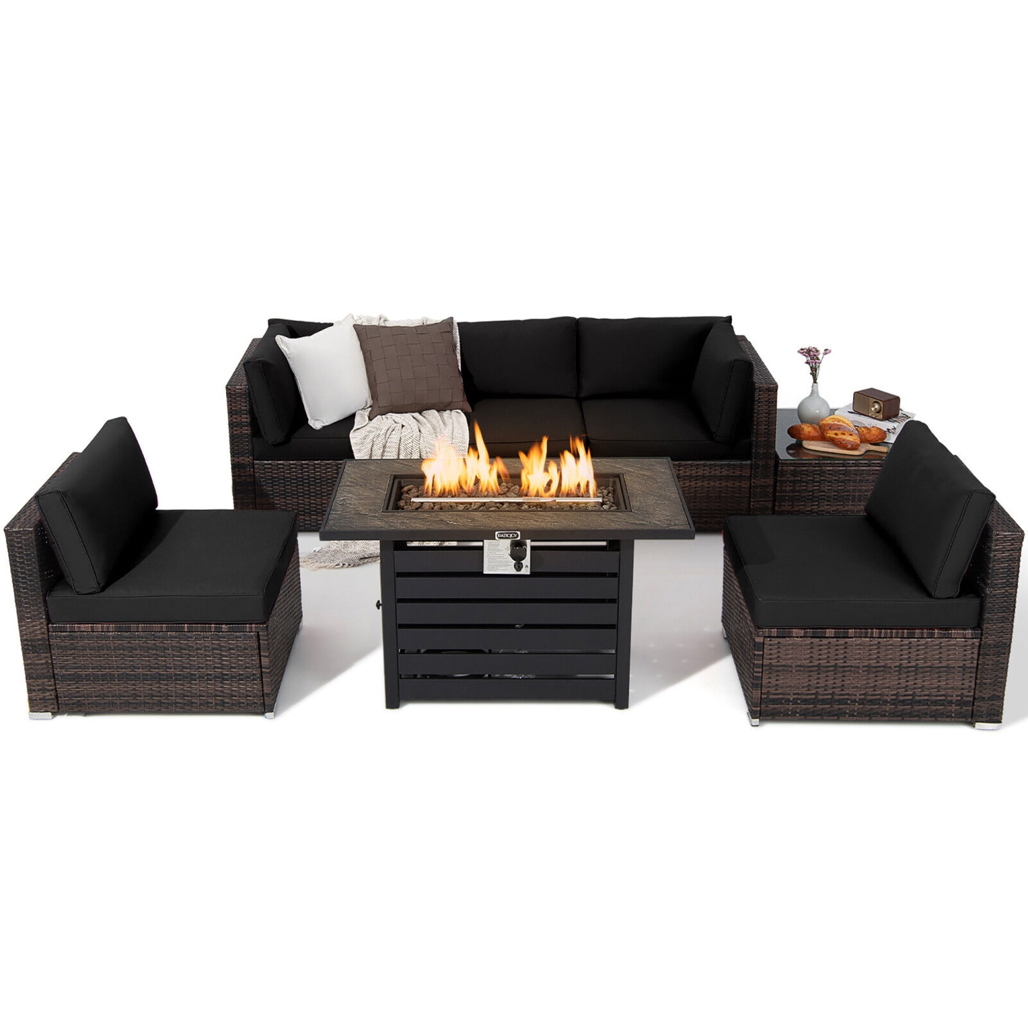 Gymax 7PCS Patio Rattan Furniture Set 42'' Fire Pit Table w/ Cover Cushioned