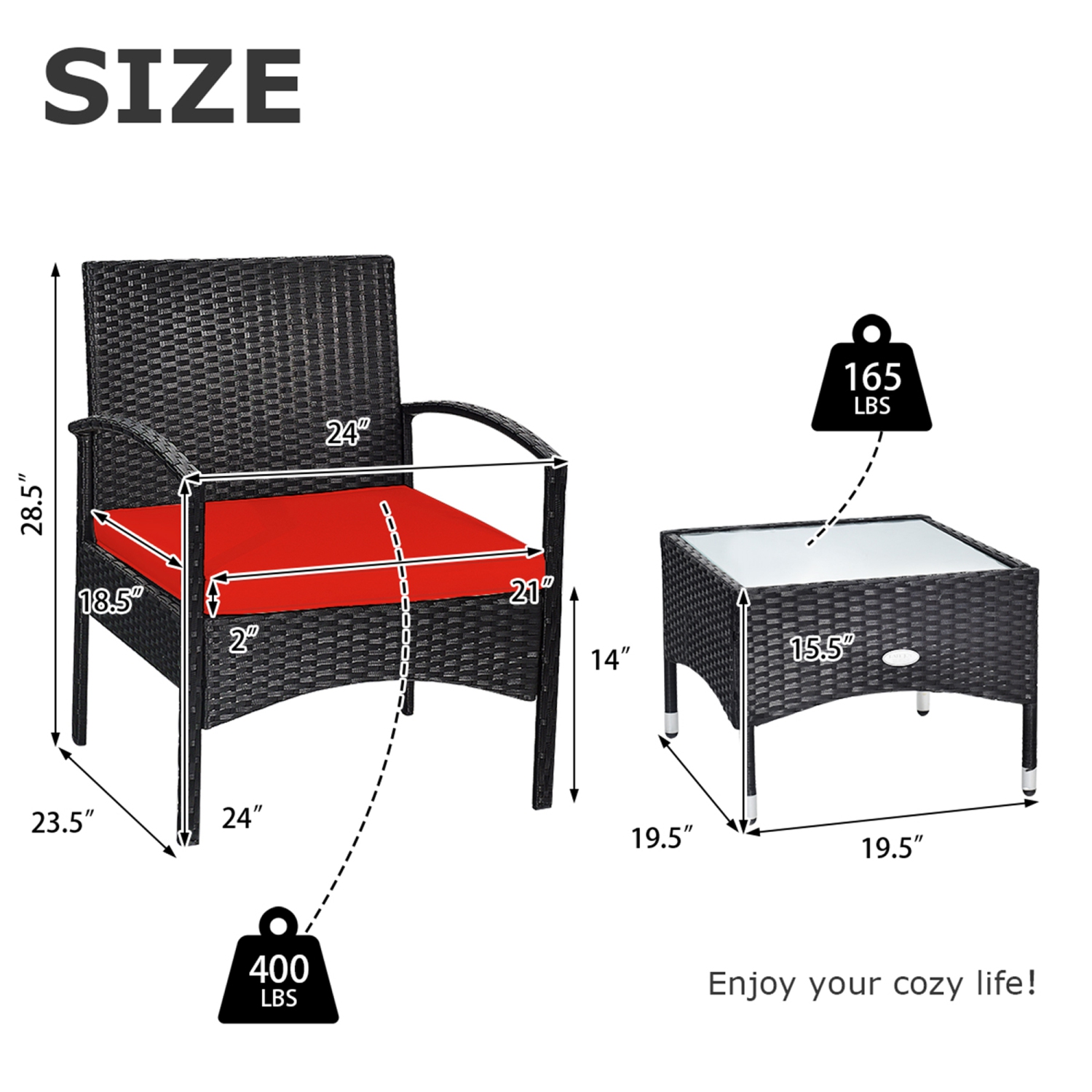 Gymax 3 PCS Patio Wicker Rattan Furniture Set Coffee Table & 2 Rattan Chair w/ Cushion Red