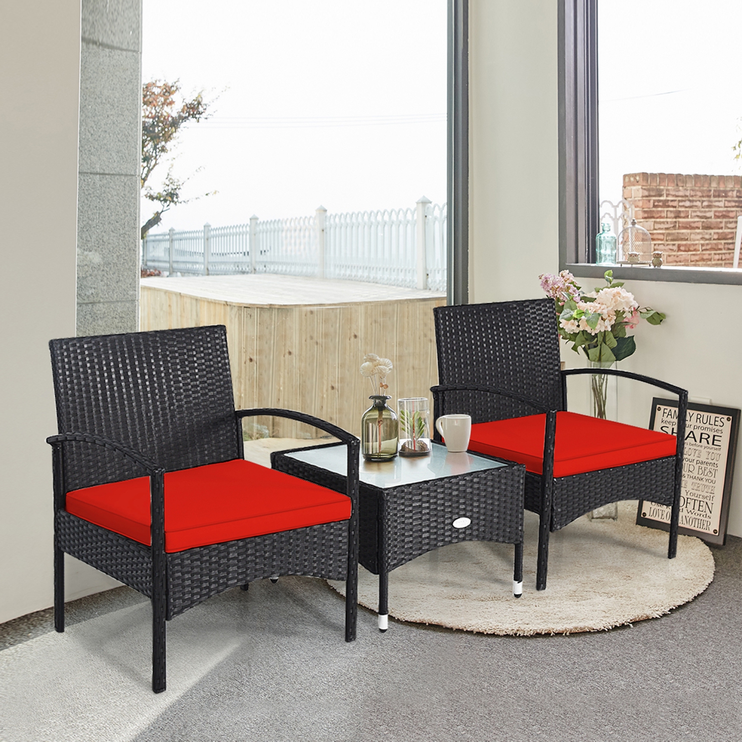 Gymax 3 PCS Patio Wicker Rattan Furniture Set Coffee Table & 2 Rattan Chair w/ Cushion Red