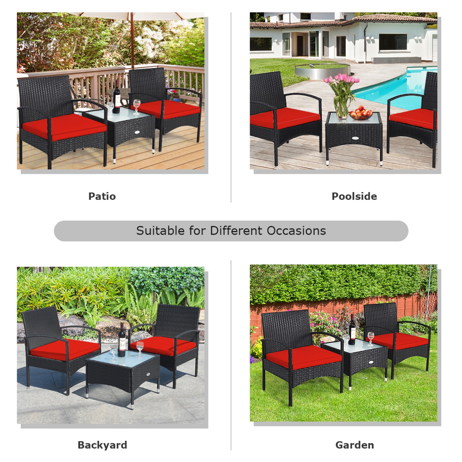 Gymax 3 PCS Patio Wicker Rattan Furniture Set Coffee Table & 2 Rattan Chair w/ Cushion Red