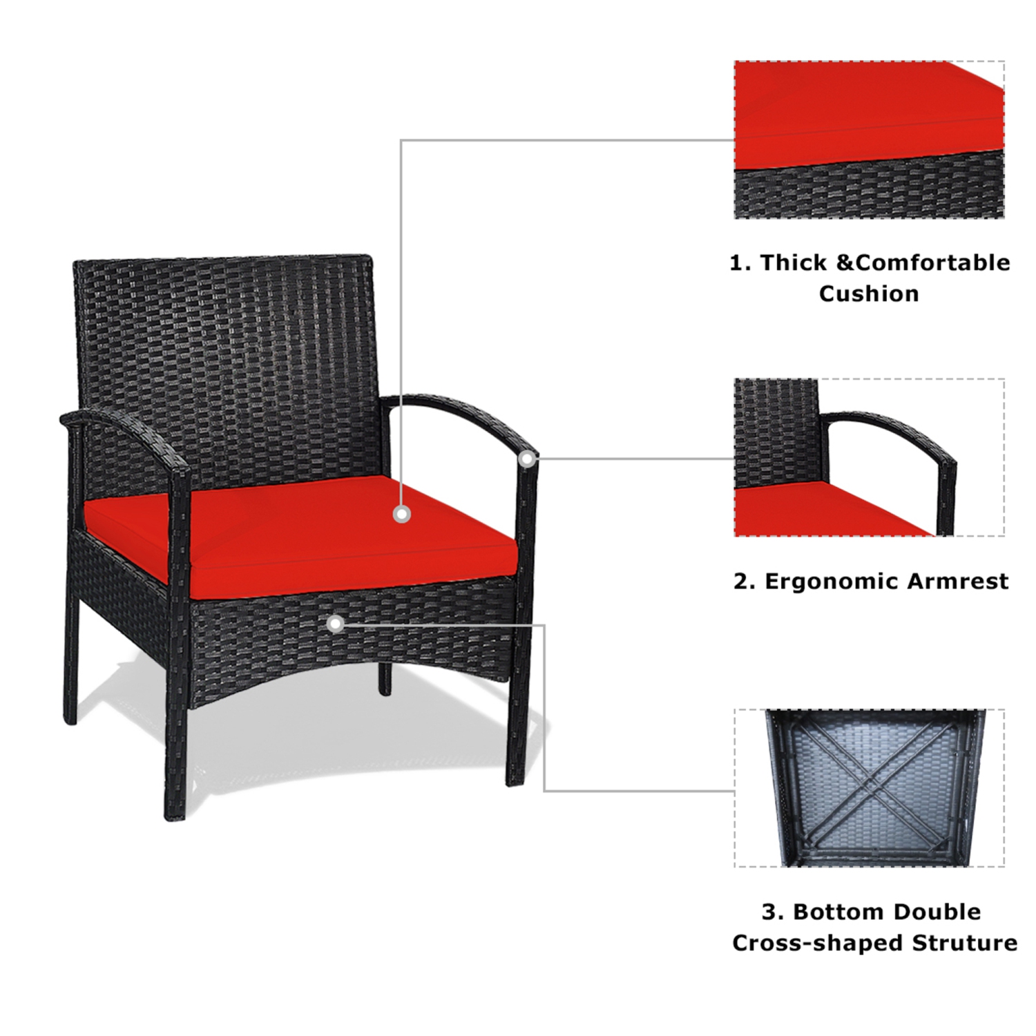 Gymax 3 PCS Patio Wicker Rattan Furniture Set Coffee Table & 2 Rattan Chair w/ Cushion Red