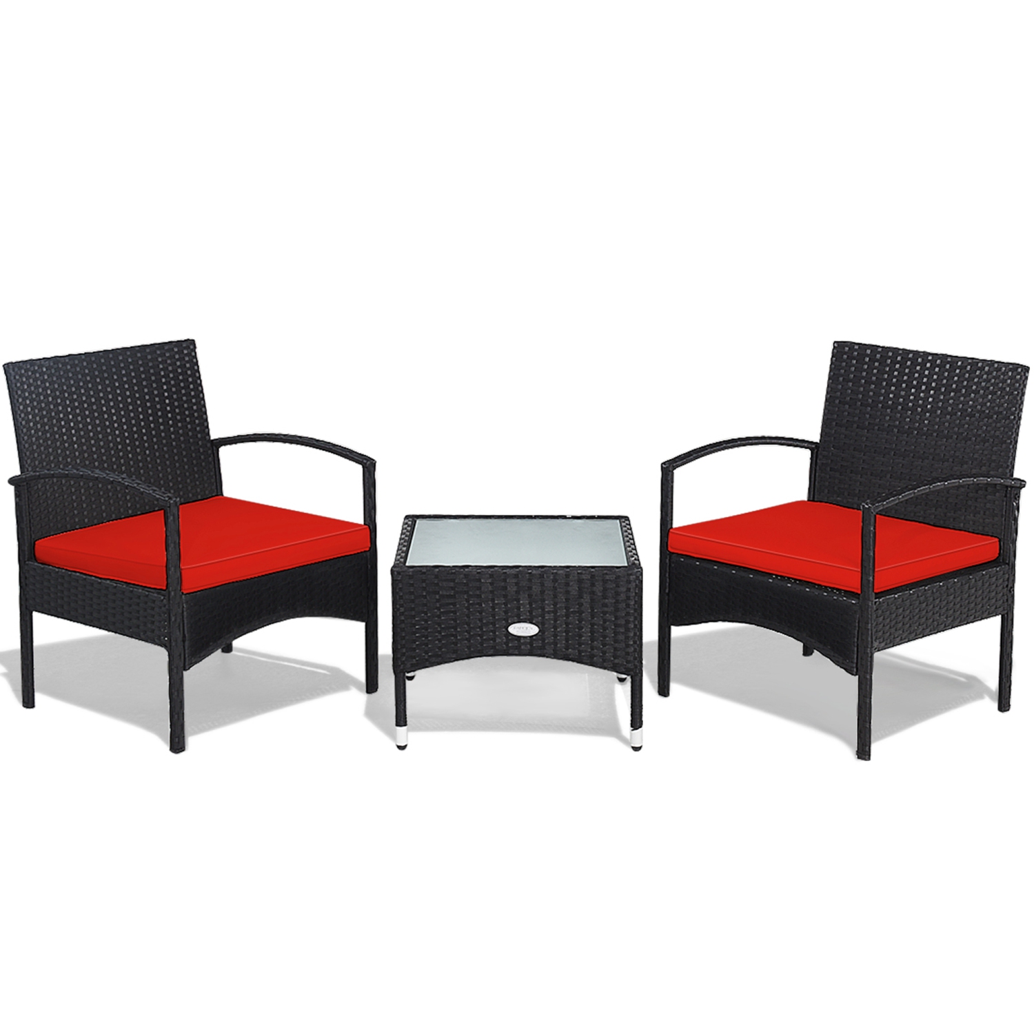 Gymax 3 PCS Patio Wicker Rattan Furniture Set Coffee Table & 2 Rattan Chair w/ Cushion Red