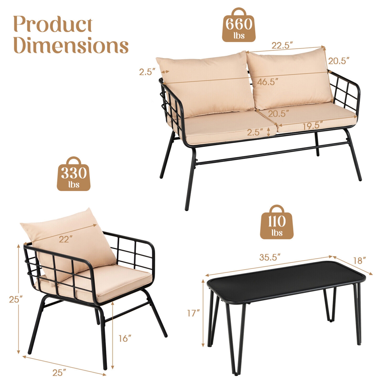 Gymax 4PCS Patio Conversation Set Outdoor Furniture Set w/ Cushions Steel Structure