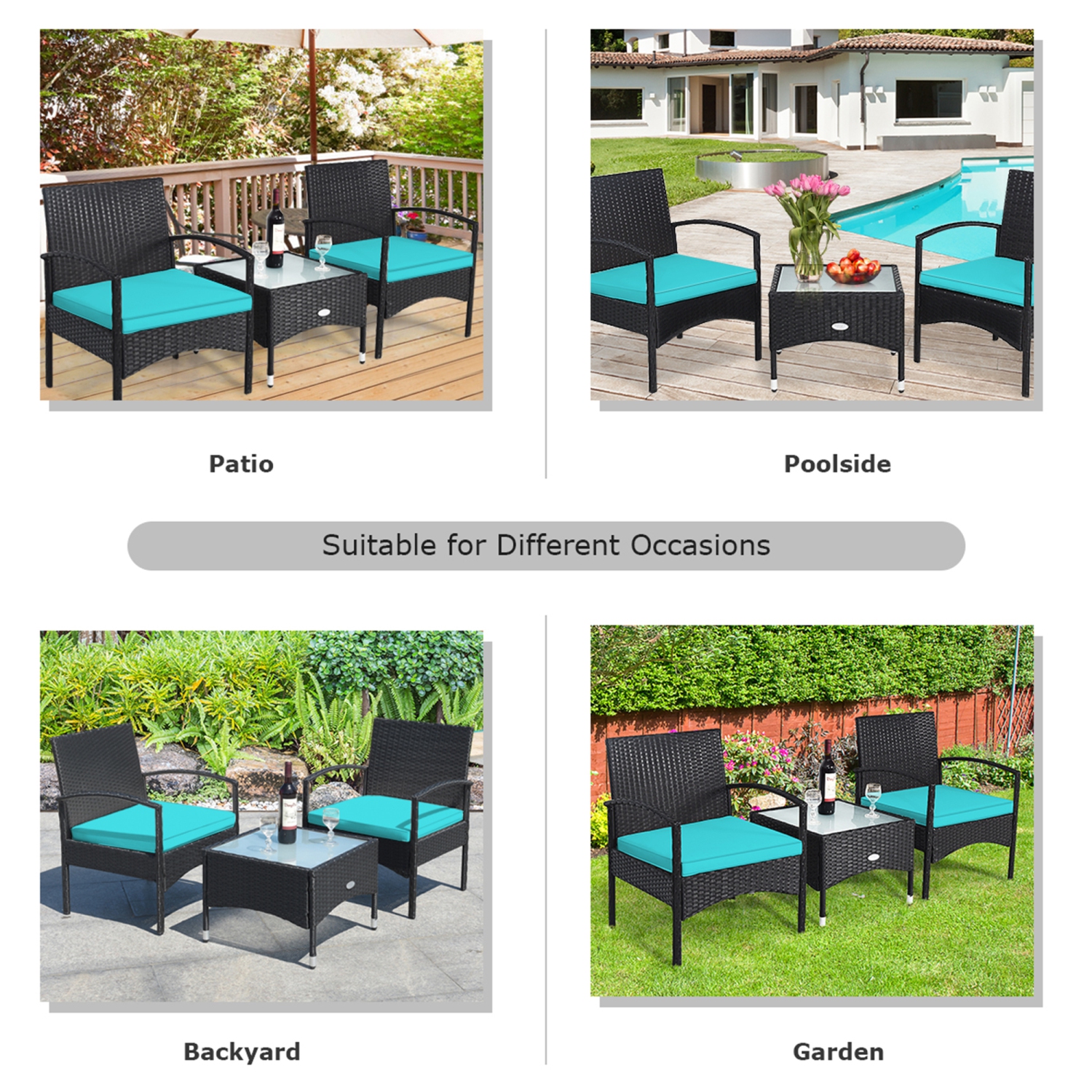 Gymax 3 PCS Patio Wicker Rattan Furniture Set Coffee Table & 2 Rattan Chair w/ Cushion Turquoise