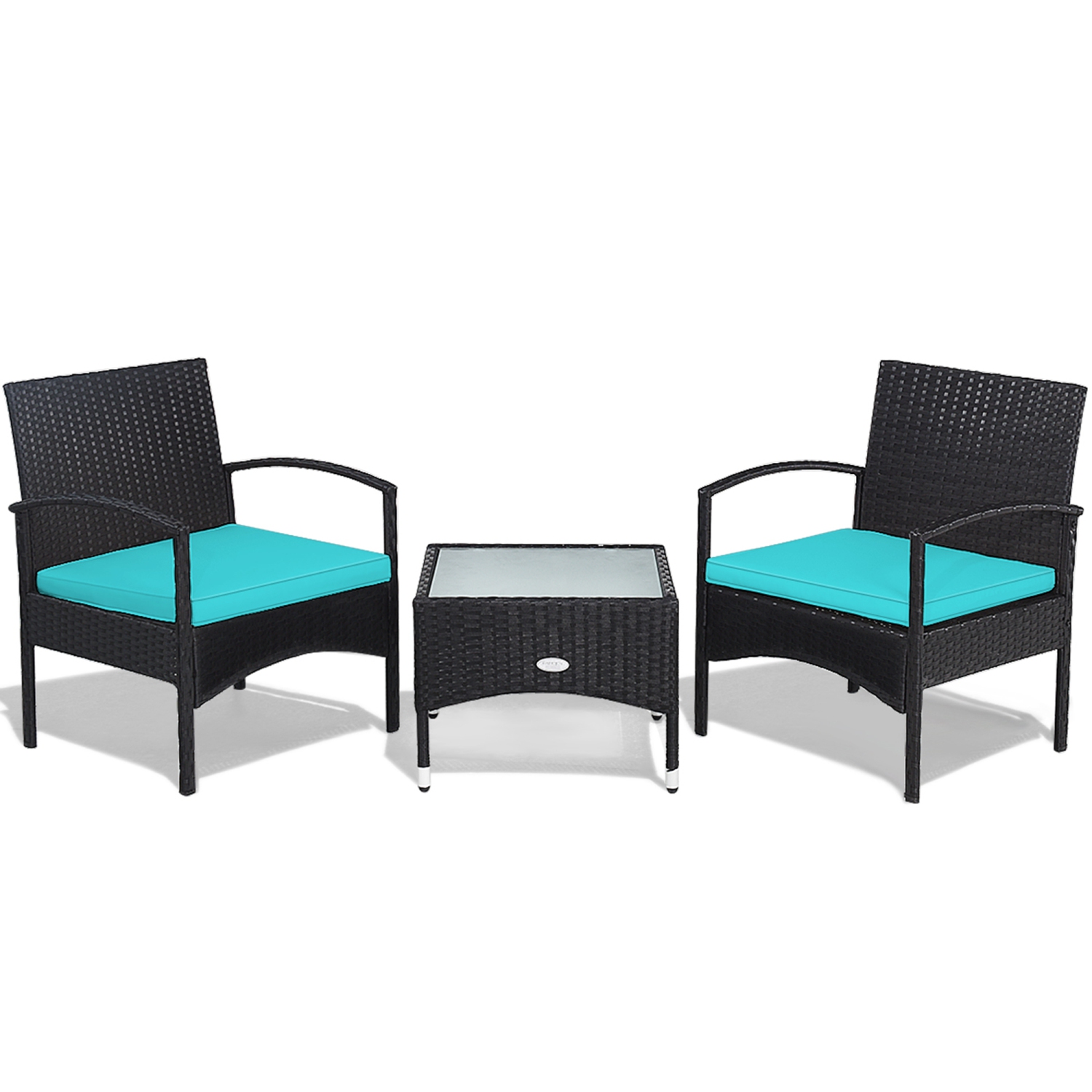 Gymax 3 PCS Patio Wicker Rattan Furniture Set Coffee Table & 2 Rattan Chair w/ Cushion Turquoise