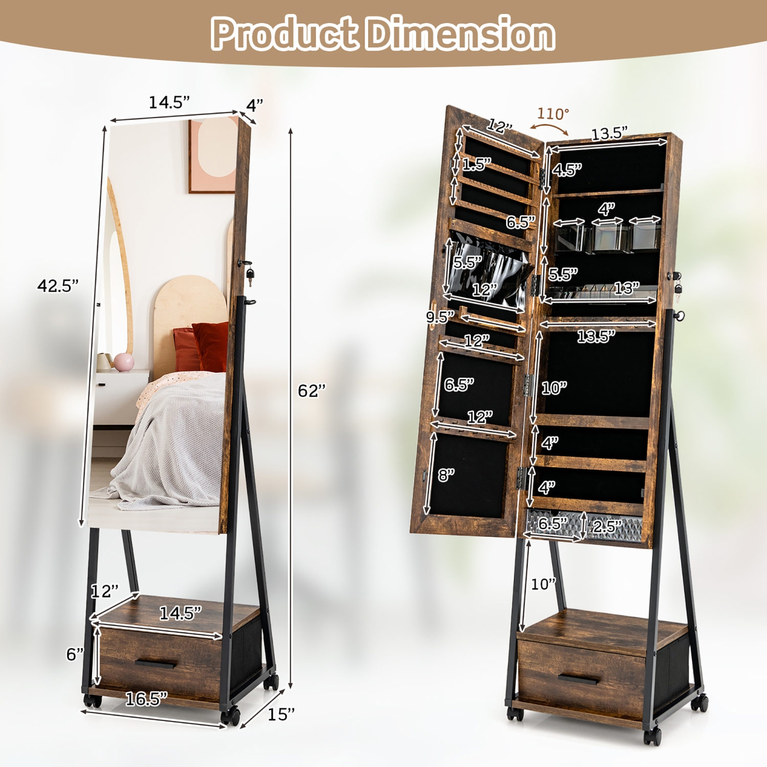 Costway Jewelry Cabinet Armoire Full Length Mirror Lockable w/ Bottom Drawer & Wheels