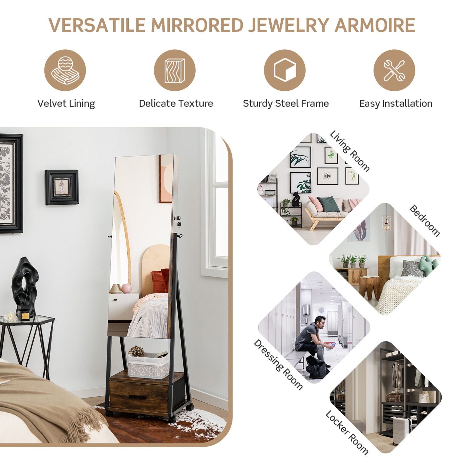 Costway Jewelry Cabinet Armoire Full Length Mirror Lockable w/ Bottom Drawer & Wheels