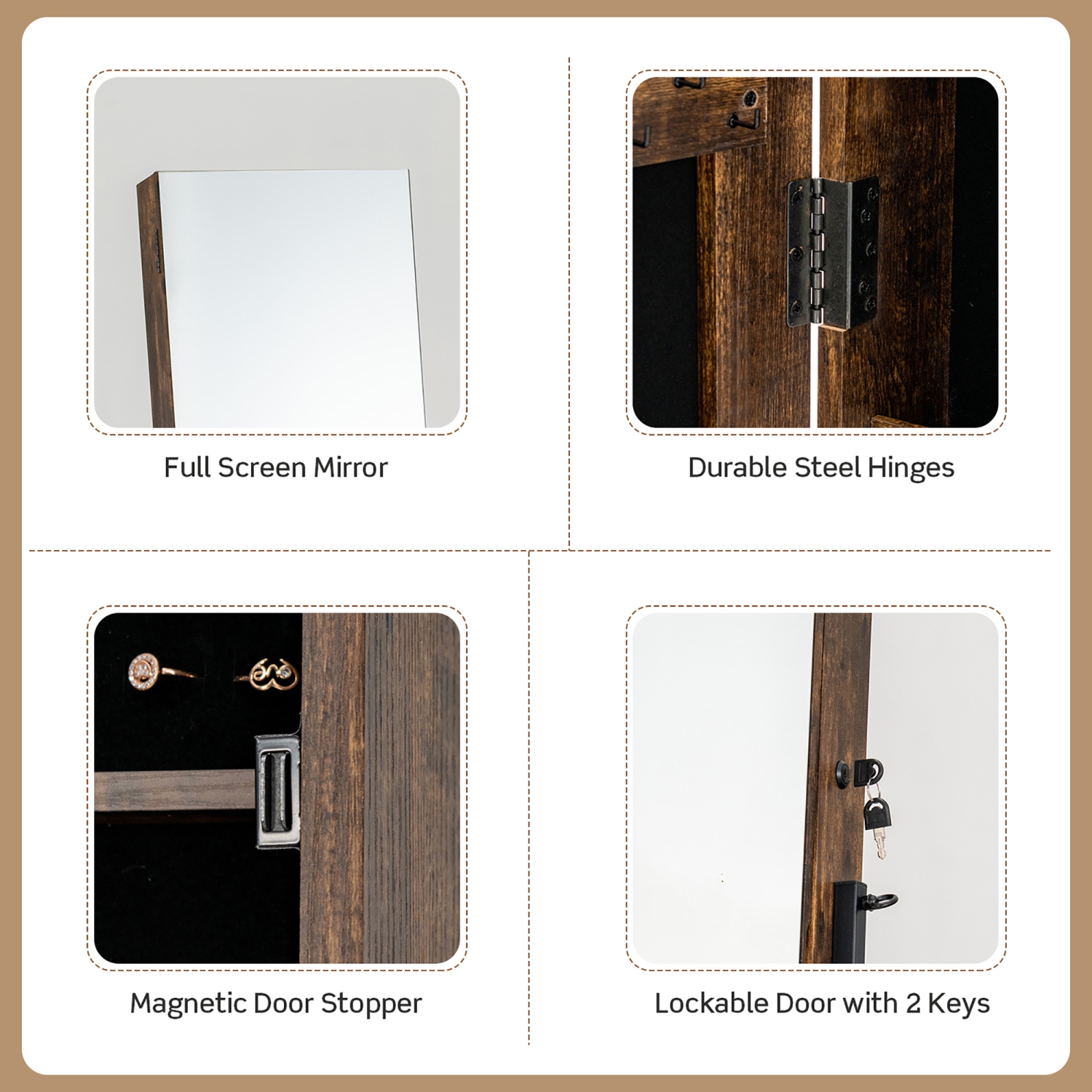 Costway Jewelry Cabinet Armoire Full Length Mirror Lockable w/ Bottom Drawer & Wheels