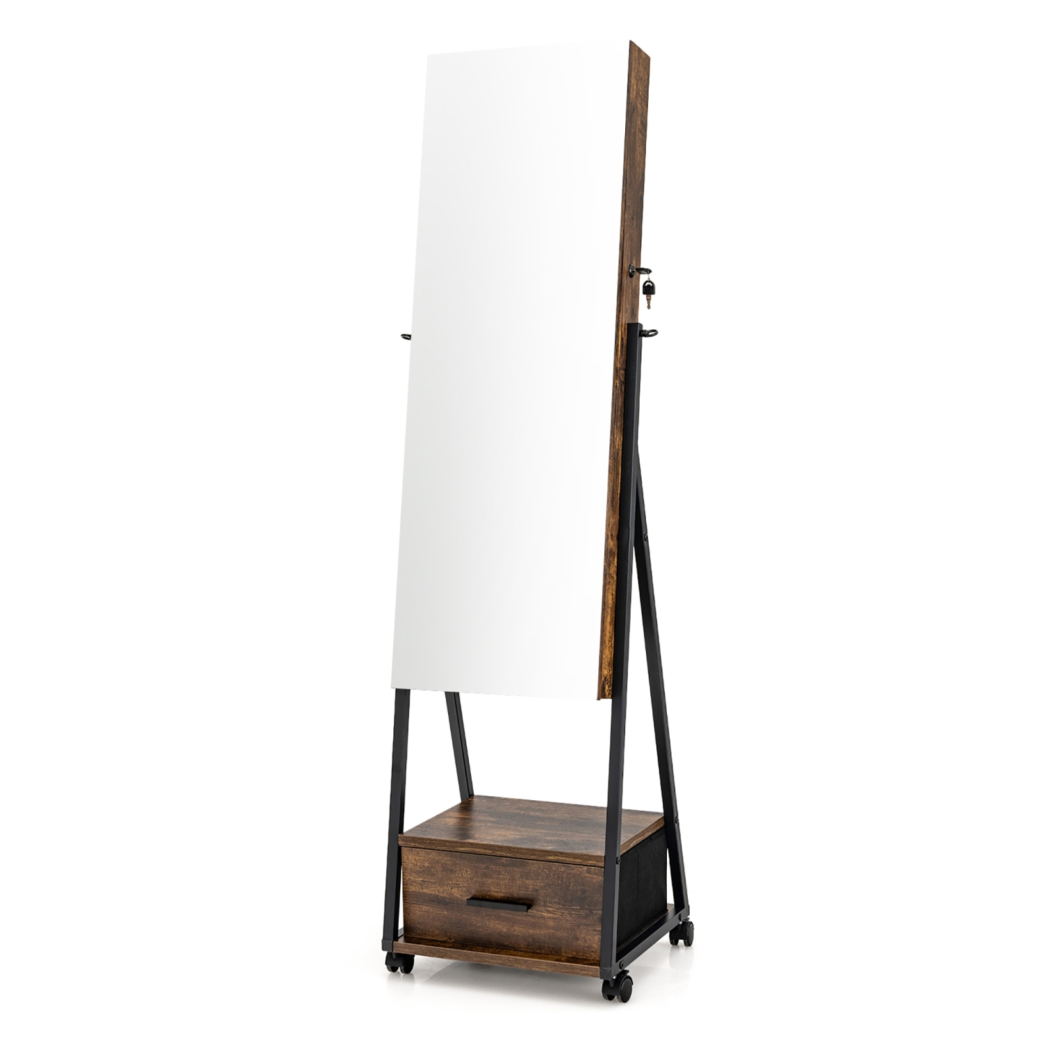 Costway Jewelry Cabinet Armoire Full Length Mirror Lockable w/ Bottom Drawer & Wheels