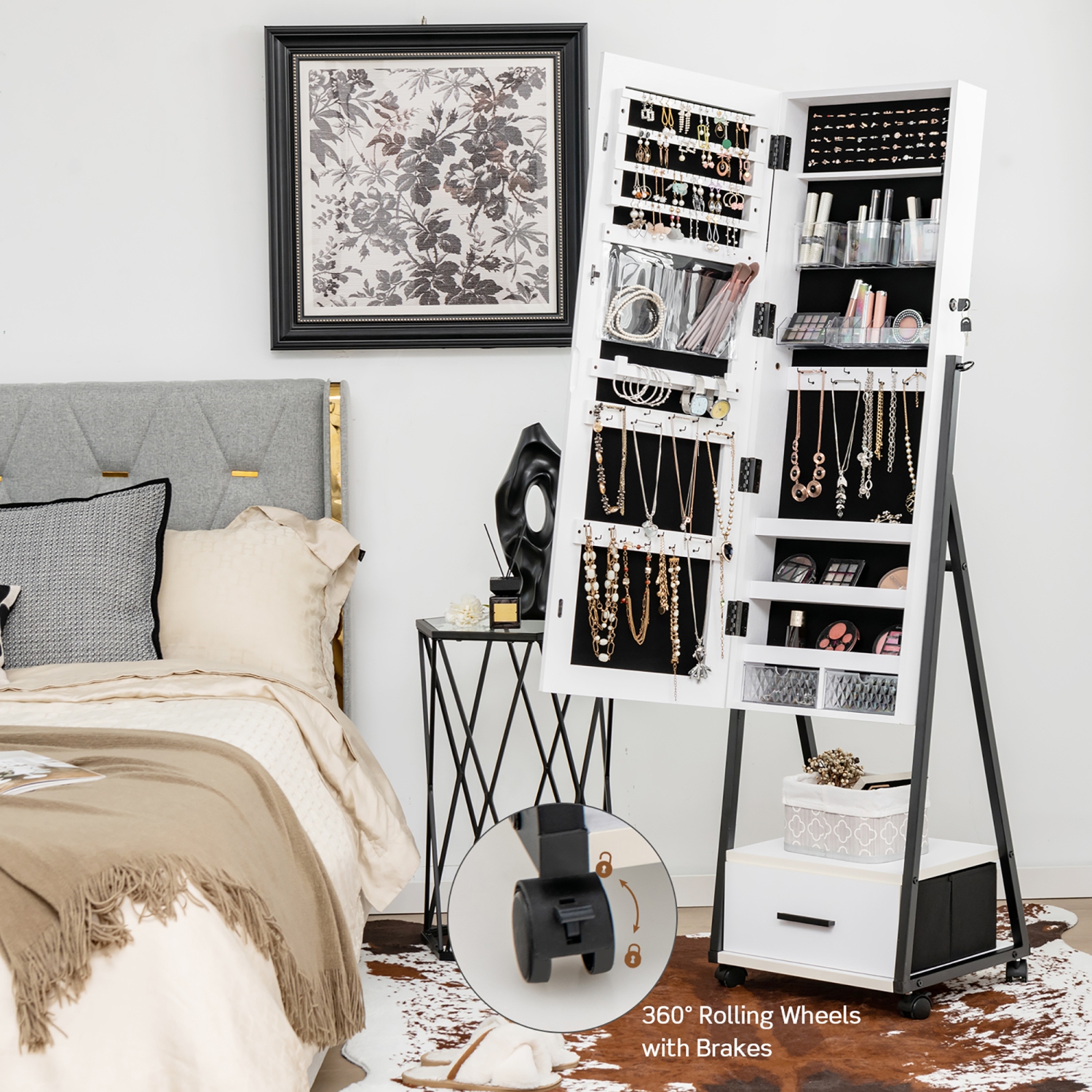 Armoire à bijoux Costway avec miroir pleine longueur verrouillable, tiroir inférieur et roulettes