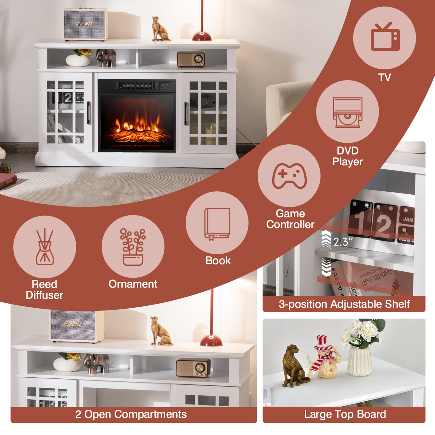 Gymax 48'' TV Stand Console Cabinet w/ Fireplace Entertainment Center For Living Room