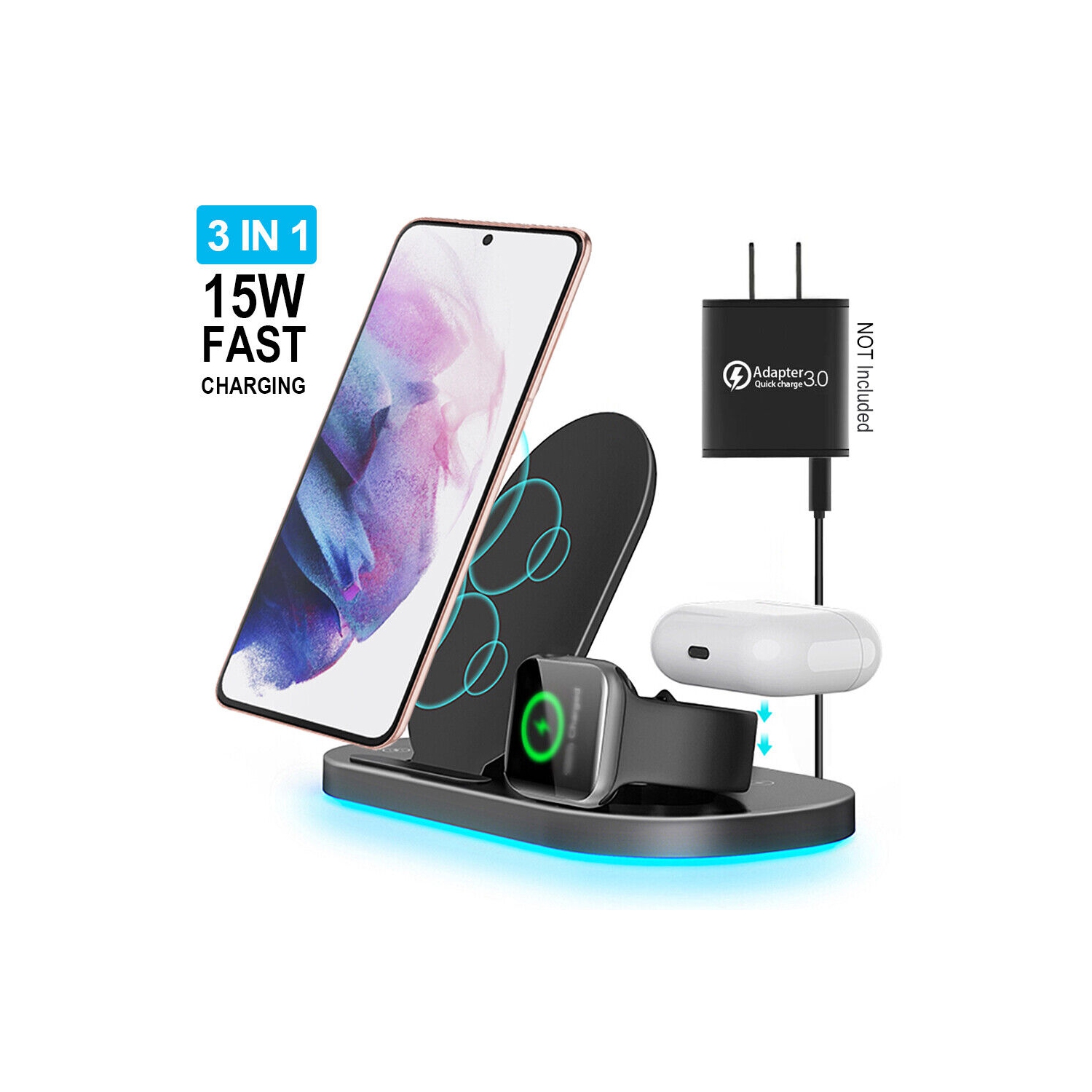 3 in 1 15W Fast Charging Pad Dock for Apple iPhone/iWatch Series, Samsung Galaxy