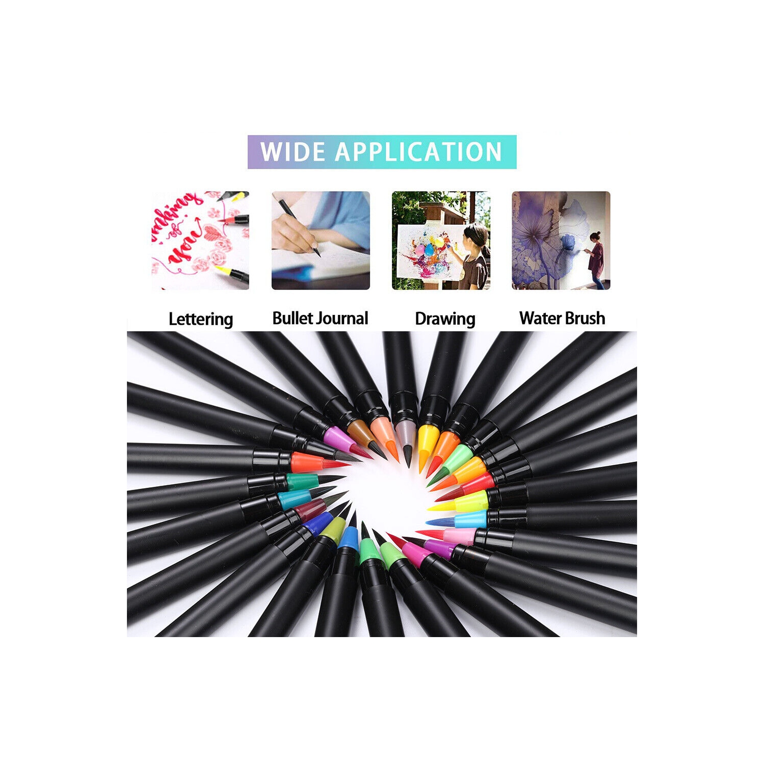 24 Colors Watercolor Brush Pens Nontoxic for Drawing Calligraphy Coloring, CA