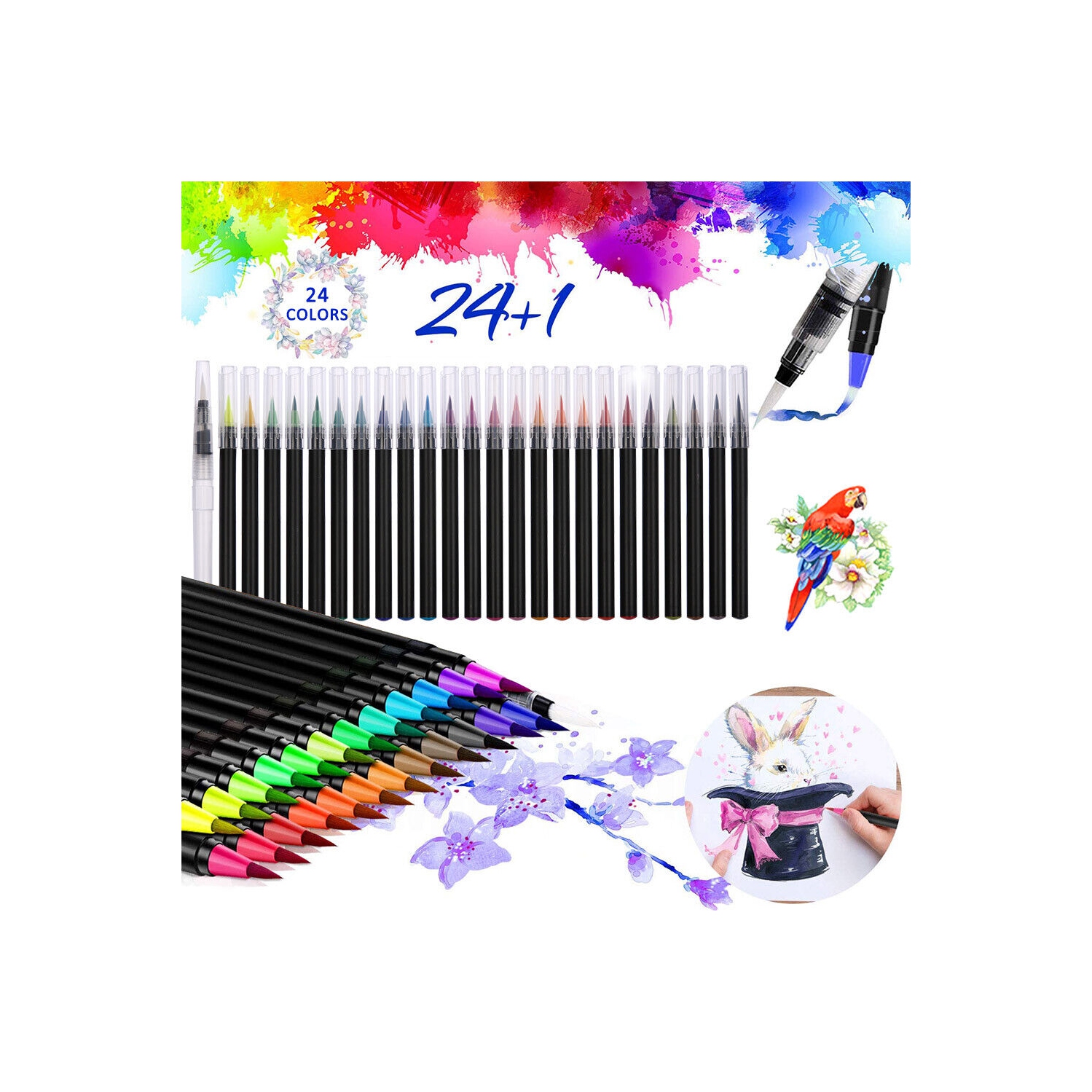 24 Colors Watercolor Brush Pens Nontoxic for Drawing Calligraphy Coloring, CA