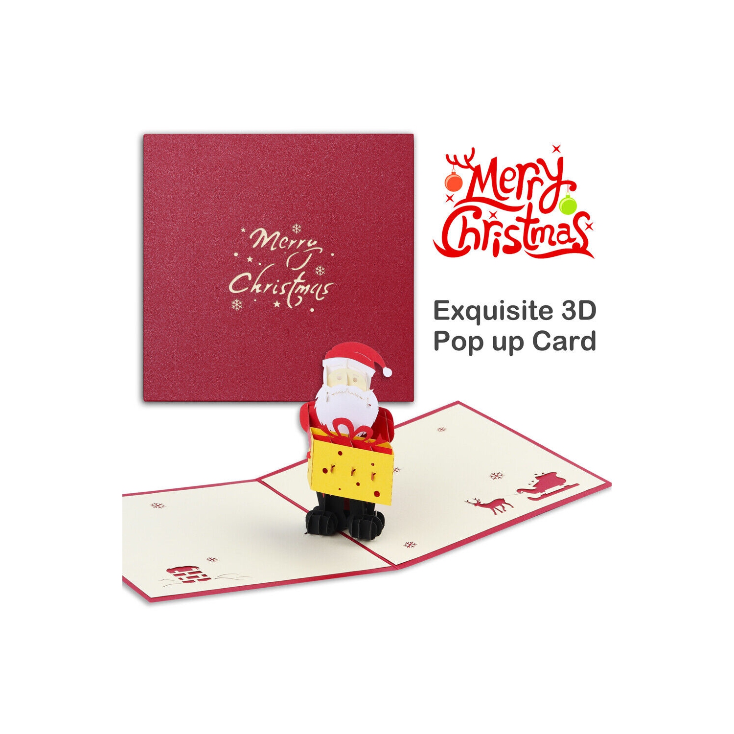 Hand Made Exquisite 3D Christmas Pop Up Cards with Envelopes, 2Pcs