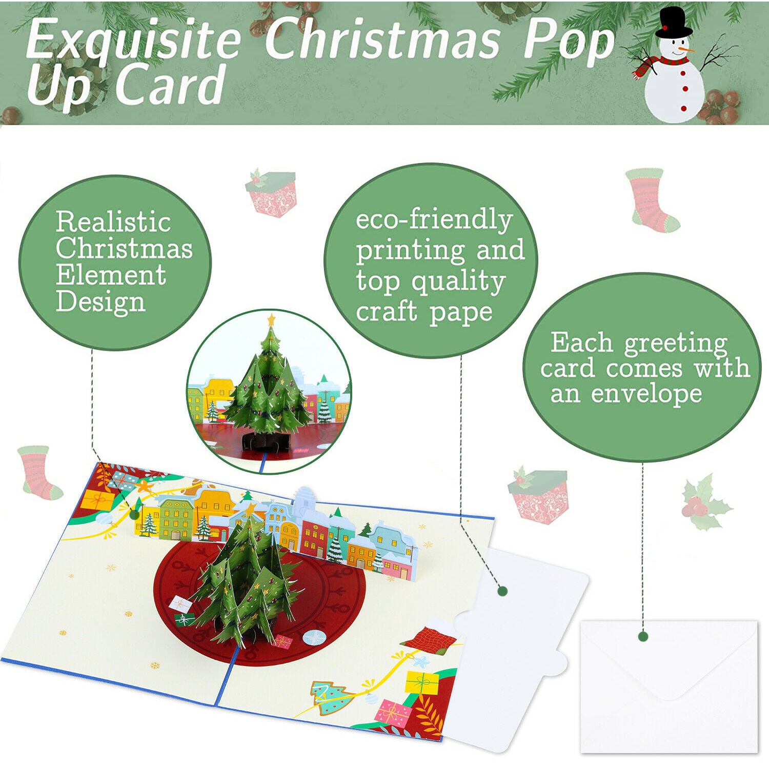 Hand Made Exquisite 3D Christmas Pop Up Cards with Envelopes, 2Pcs