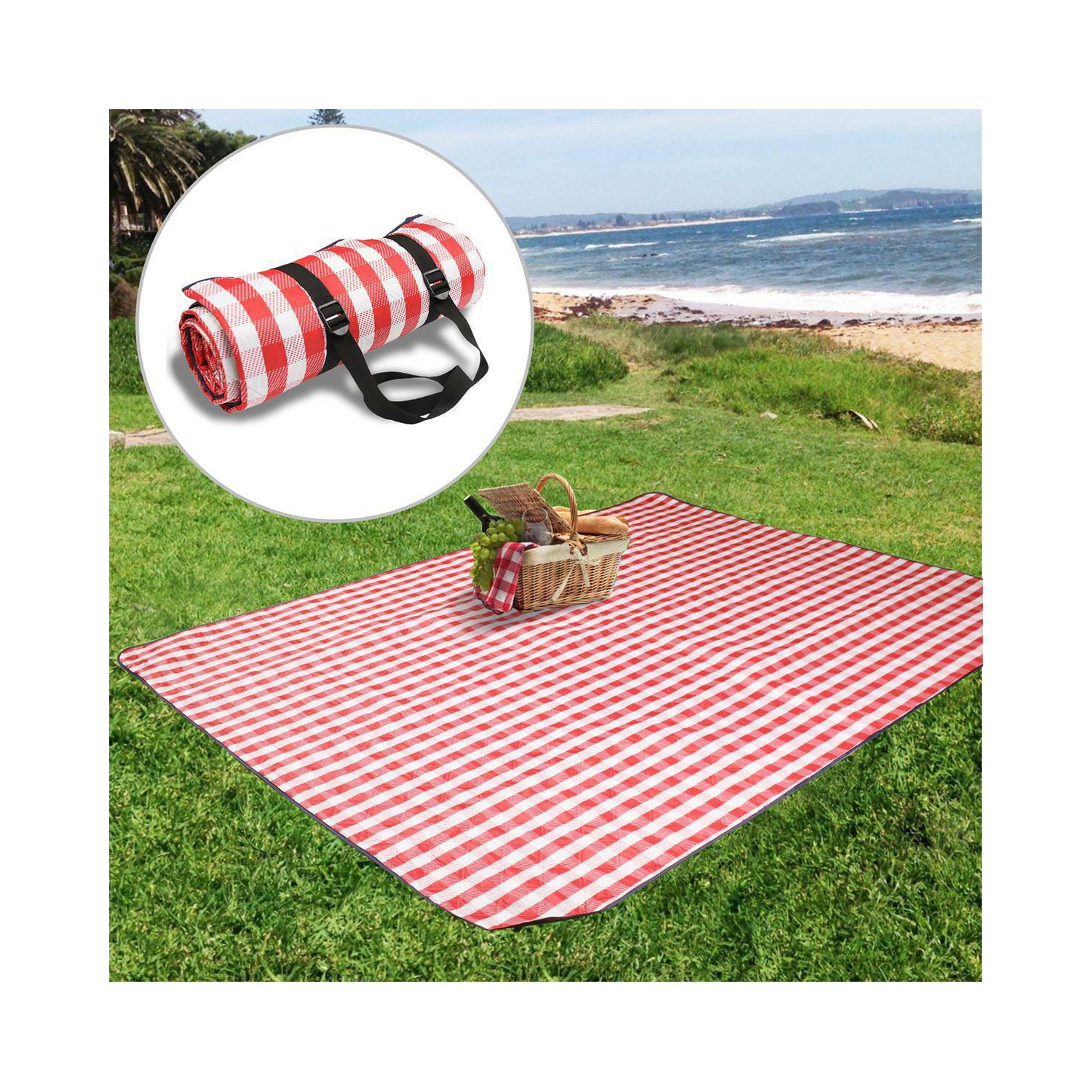 Portable Extra Large Picnic & Outdoor Blanket, Red and White Checkered, 79 x59in