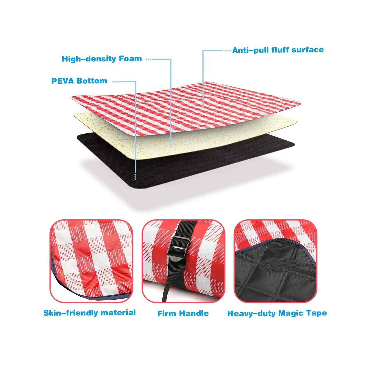 Portable Extra Large Picnic & Outdoor Blanket, Red and White Checkered, 79 x59in