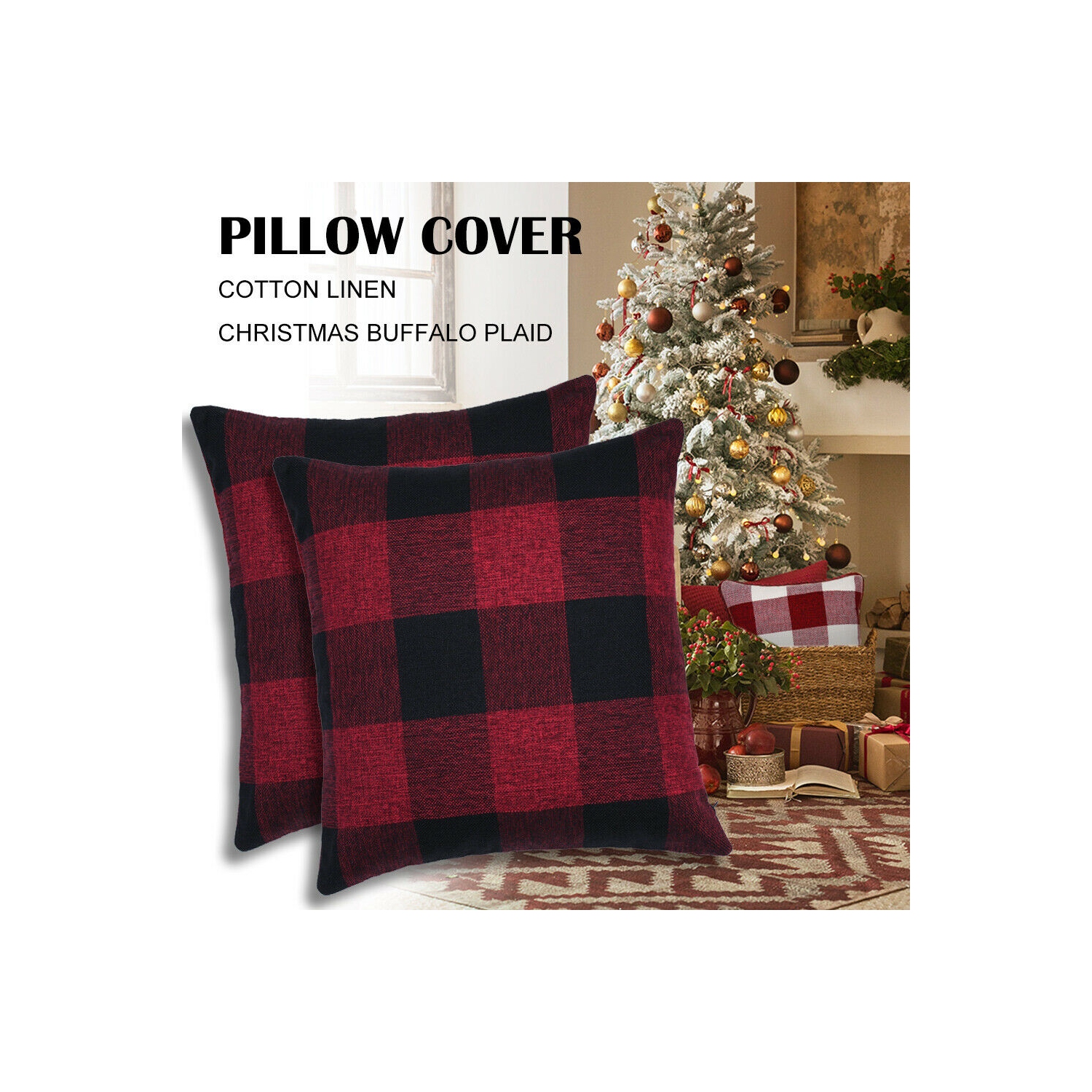Set of 2 Christmas Check Plaid Throw Pillow Covers for Farmhouse Home Decor CA
