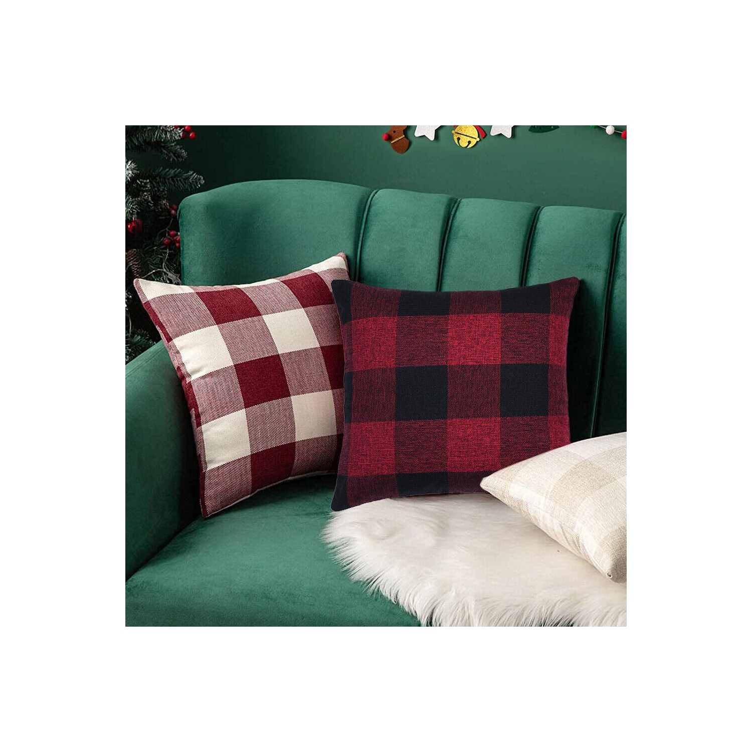 Set of 2 Christmas Check Plaid Throw Pillow Covers for Farmhouse Home Decor CA