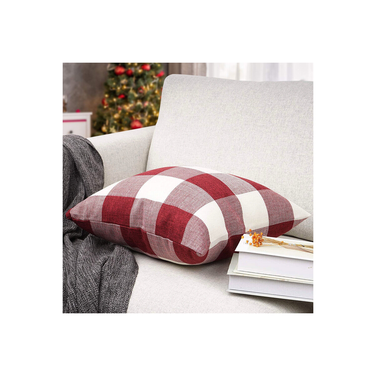 Set of 2 Christmas Check Plaid Throw Pillow Covers for Farmhouse Home Decor CA