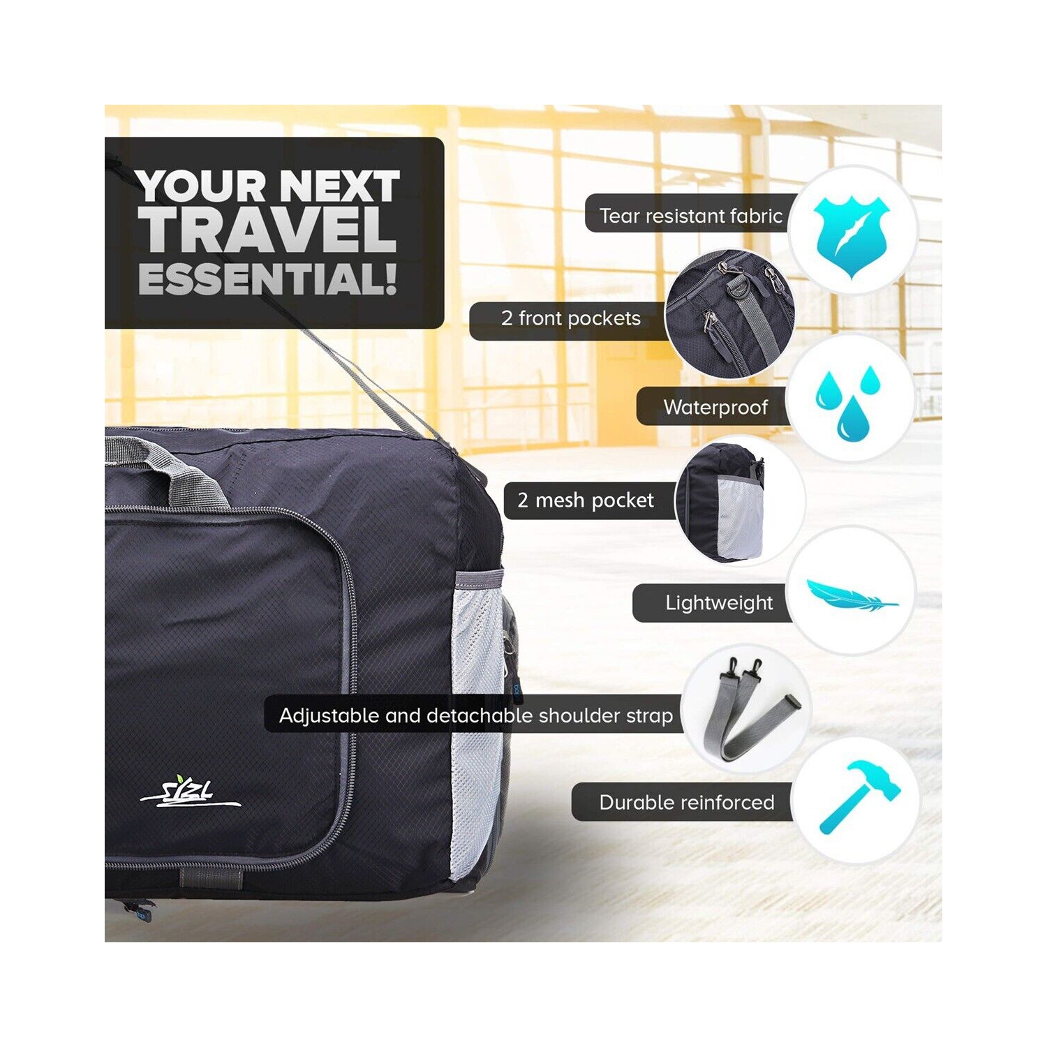 Sac de sport pliable de 40 l pour le sac de sport léger de voyage, noir