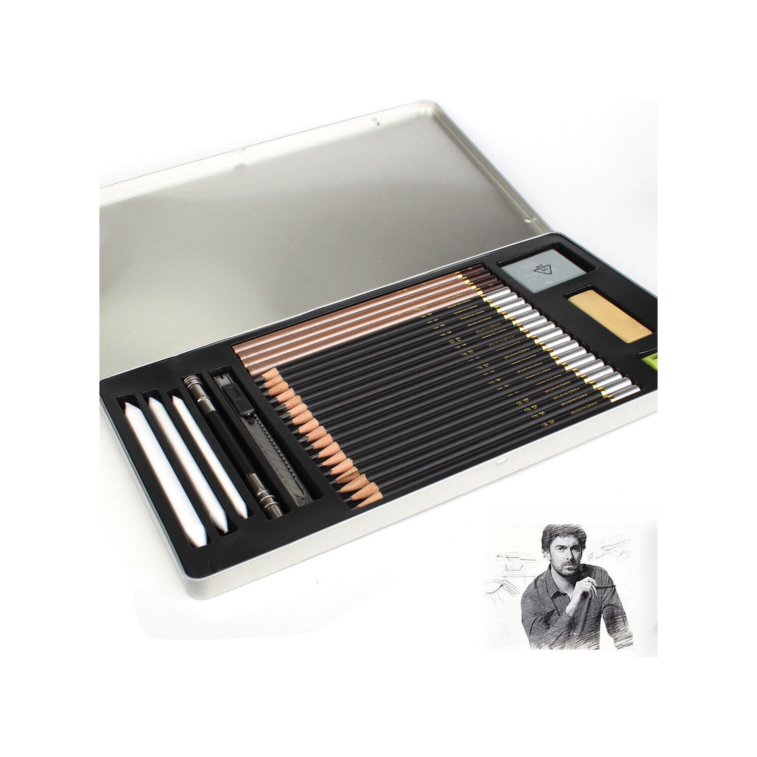 Drawing / Sketch Pencils Set Includes Erasers, Sharpener, Charcoals