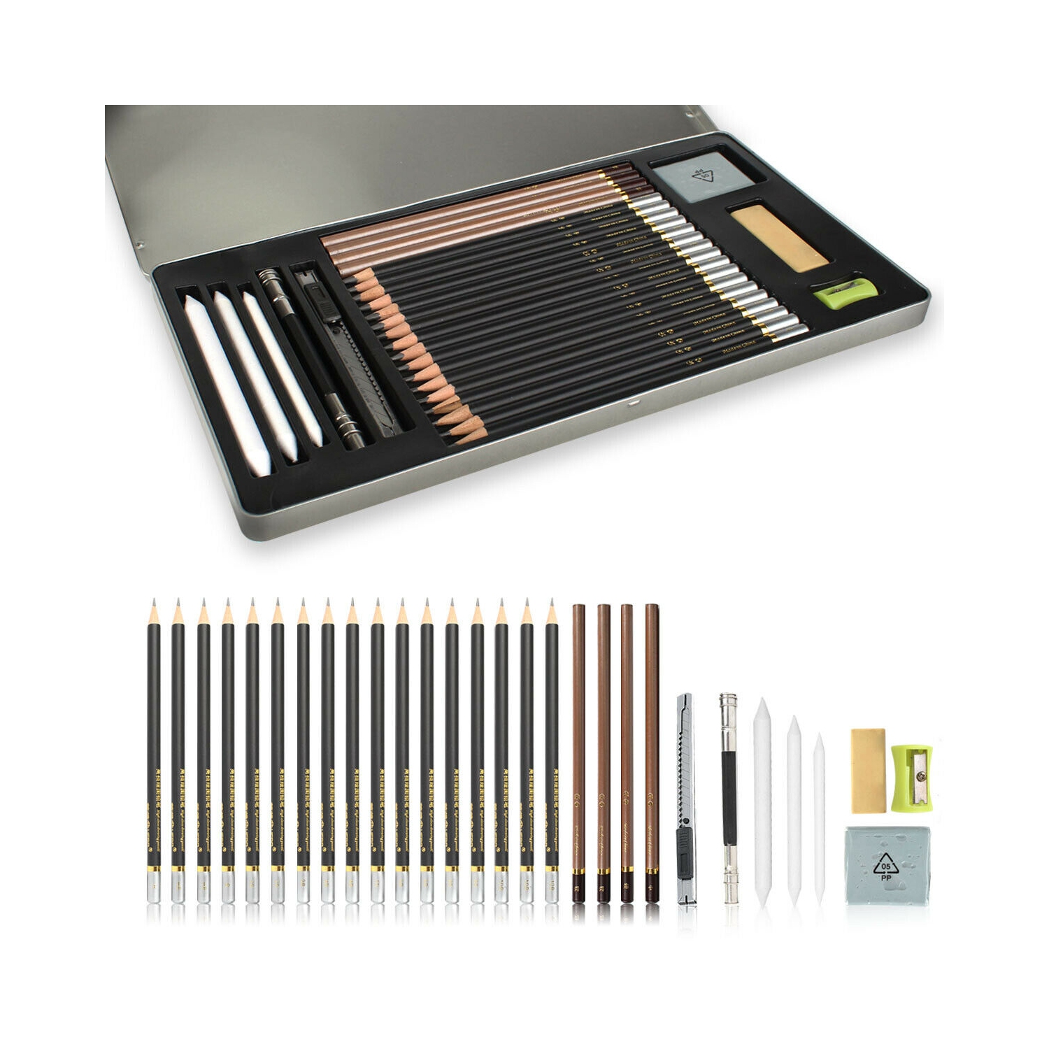 Drawing / Sketch Pencils Set Includes Erasers, Sharpener, Charcoals