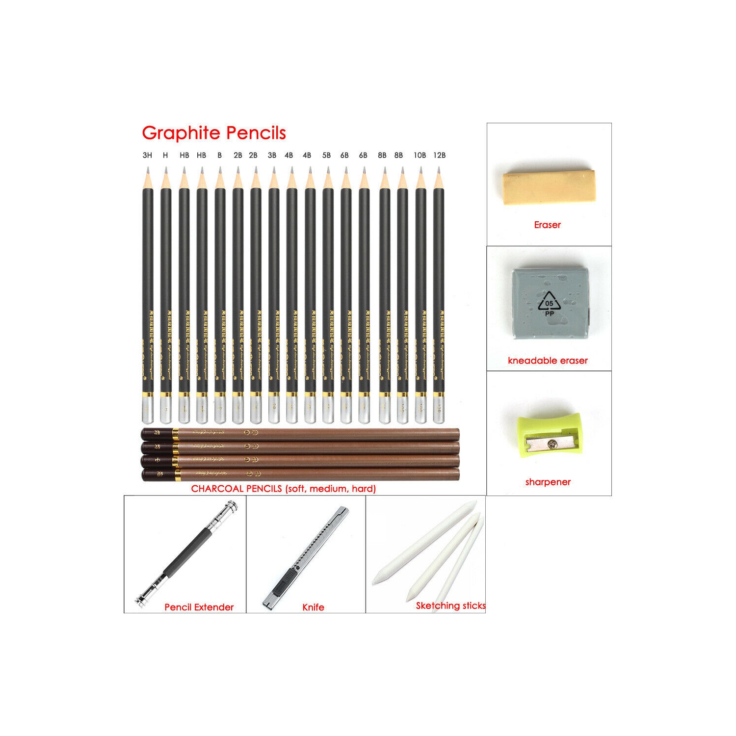 Drawing / Sketch Pencils Set Includes Erasers, Sharpener, Charcoals