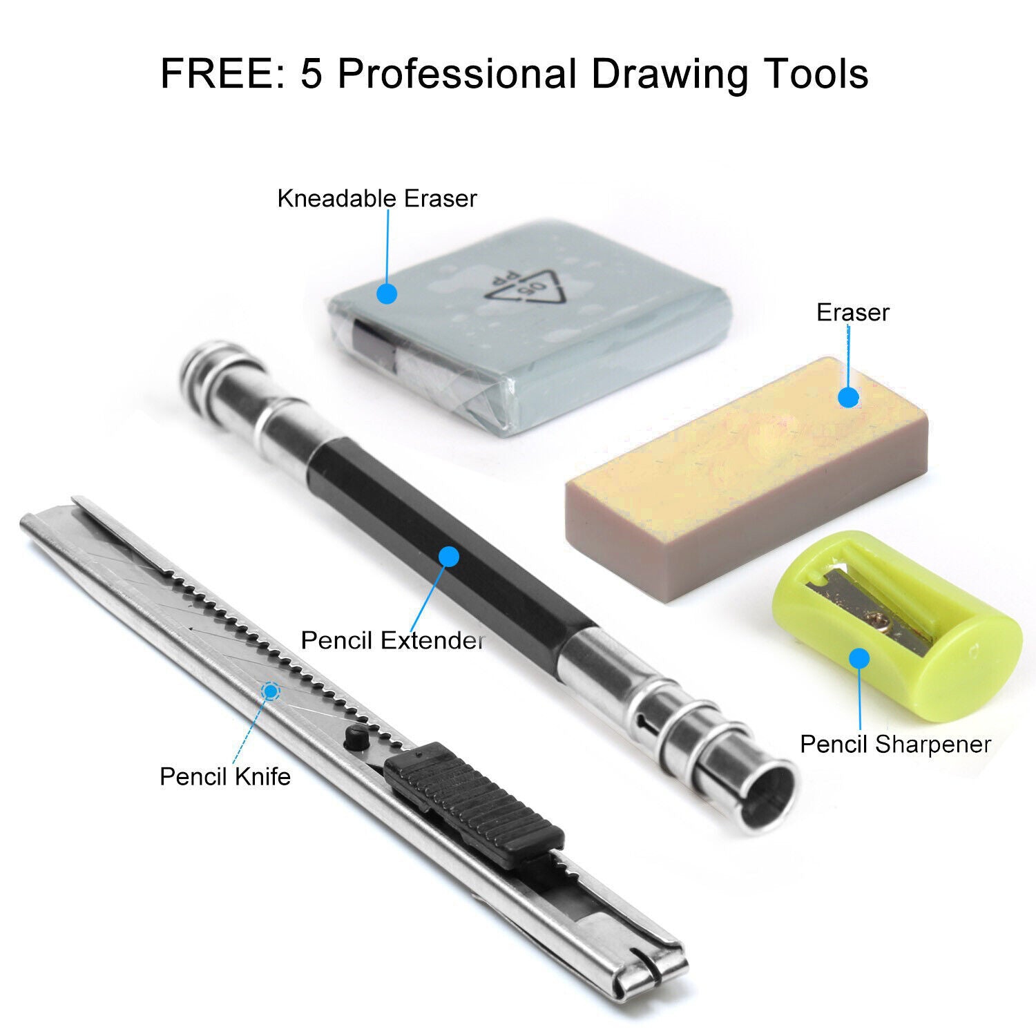 Drawing / Sketch Pencils Set Includes Erasers, Sharpener, Charcoals