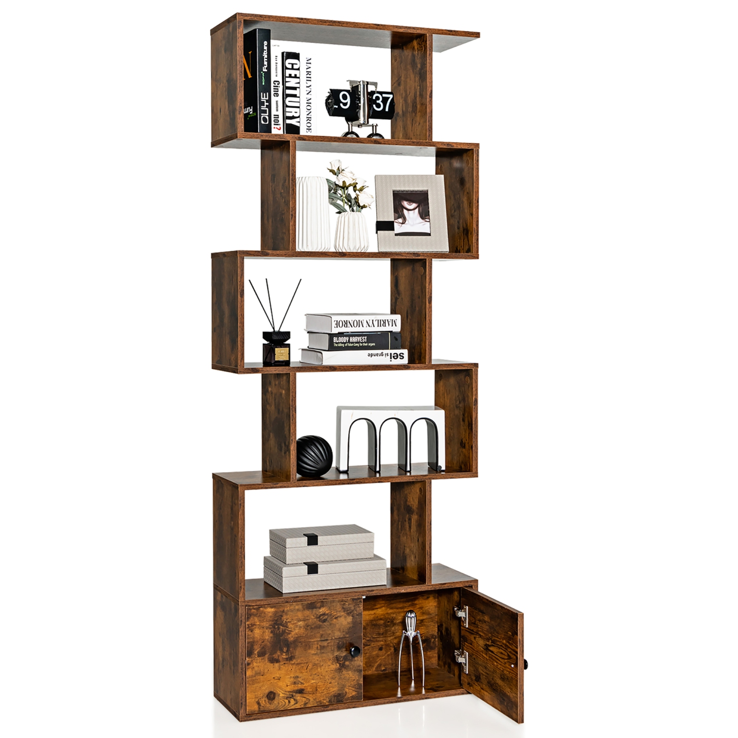 Costway 1 PC Bookshelf w/Cabinet 6-Tier S-Shaped Bookcase Storage Rack