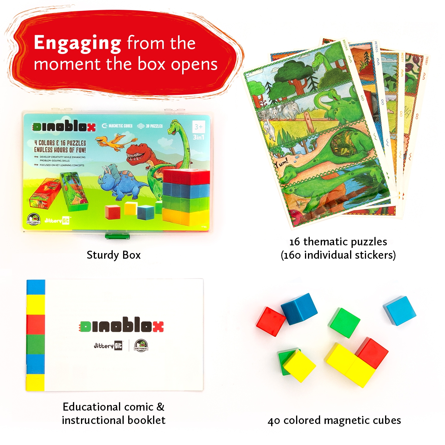 JitteryGit Dinosaur Magnetic Blocks Puzzle | 40 Educational STEM Magnets for Kids | Learning Toy for Boy & Girls Age Groups 3 4 5 6