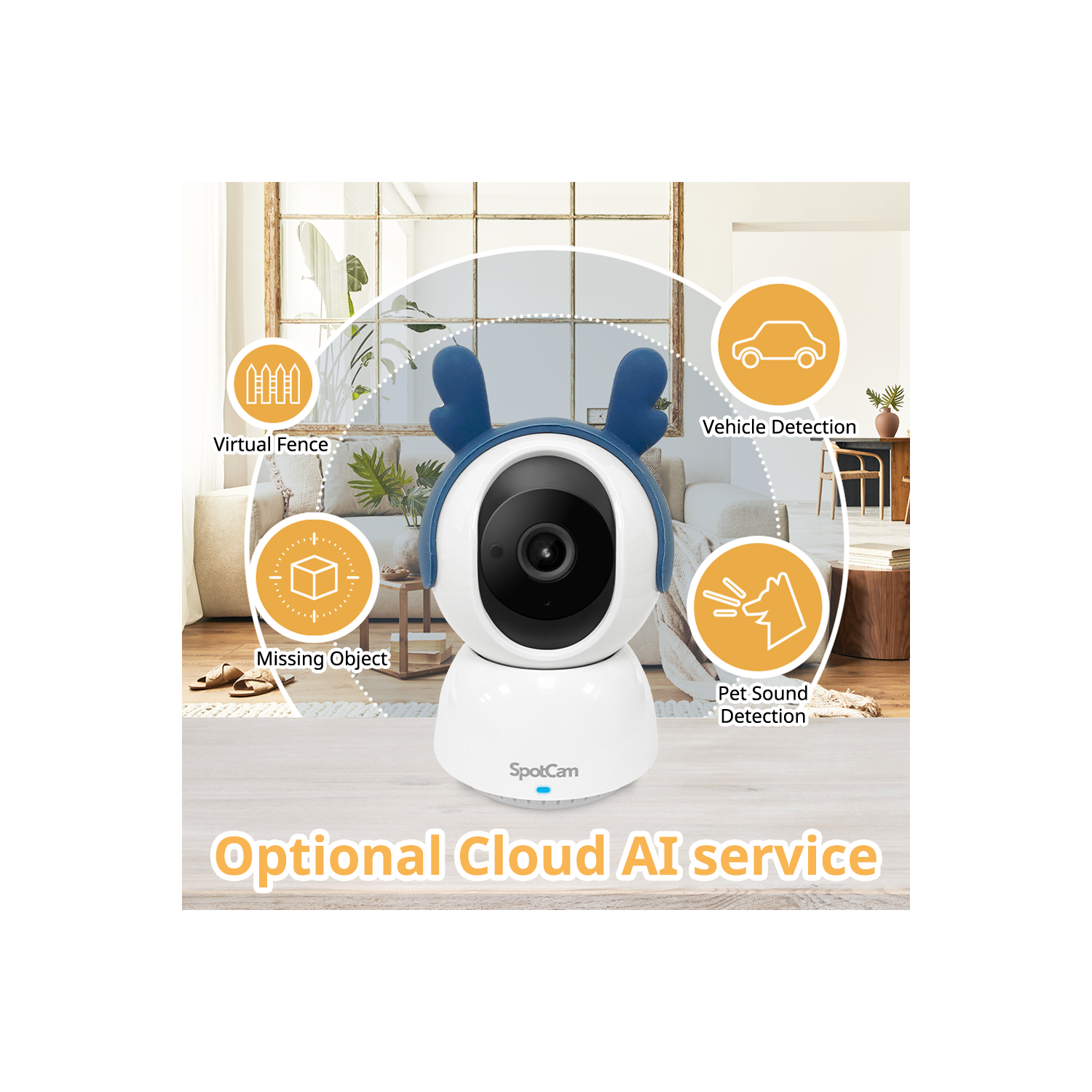 SpotCam Mibo Wireless Pet Security Camera, 2K , Indoor, Night Vision, Two-Way Talk, Motion & Sound Alert, PTZ Pan/Tilt, Pet Tracking, with Free