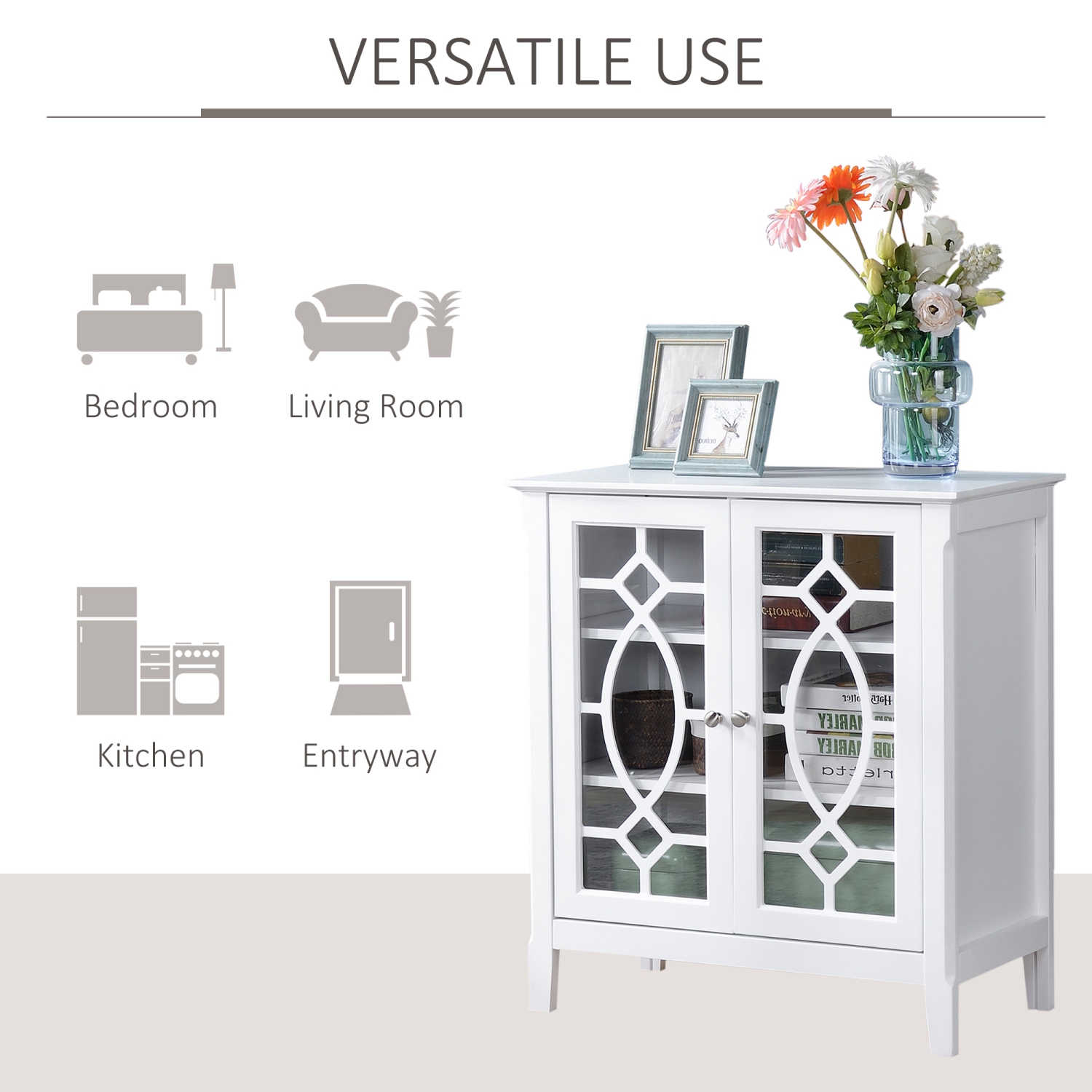 HOMCOM Sideboard Display Cabinet with Double Framed Glass Doors, 2 Adjustable Shelves, and Elevated Base, White