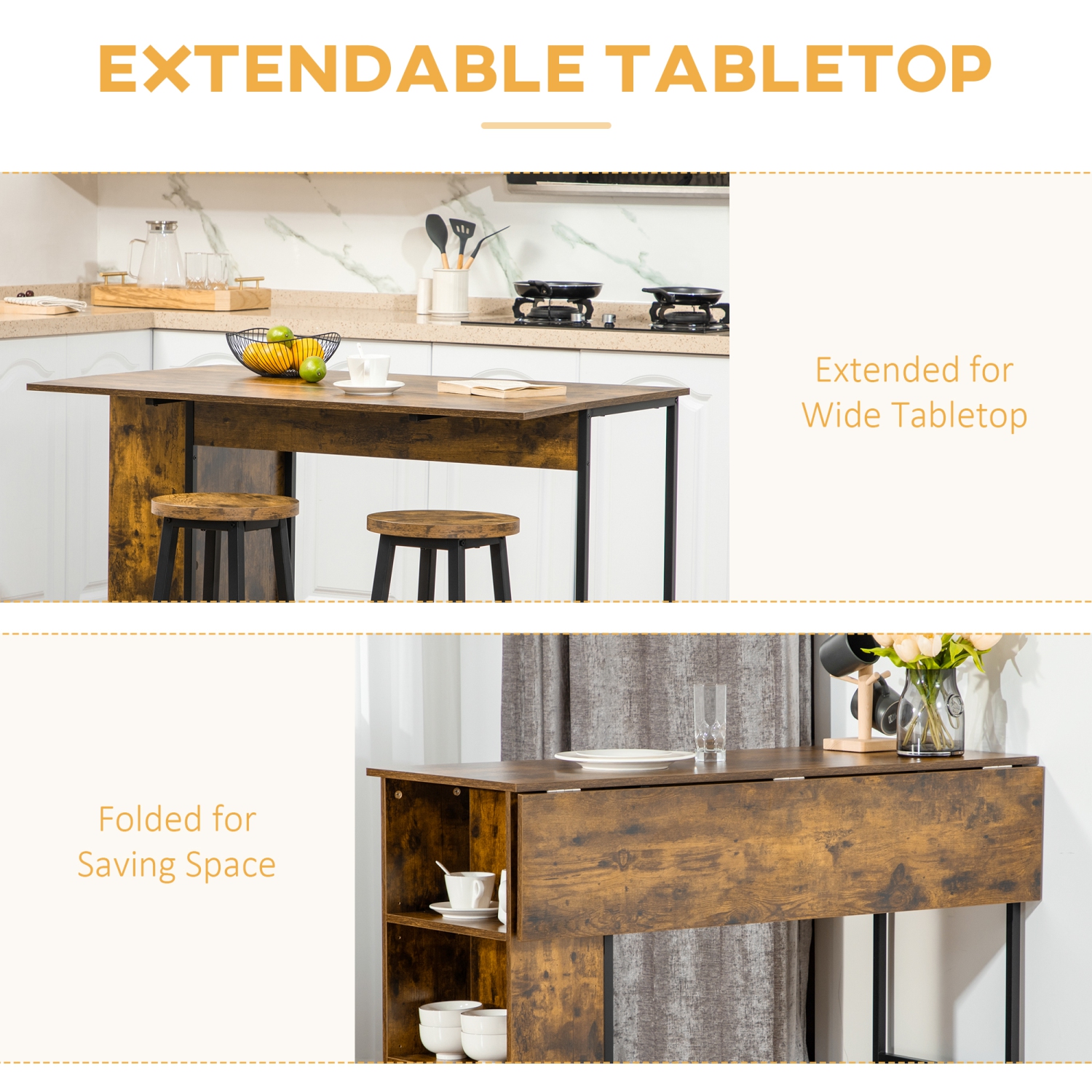 HOMCOM – Table de bar extensible avec abattant, table à hauteur de comptoir, table pliante de style pub avec tablette de rangement réglable, brun