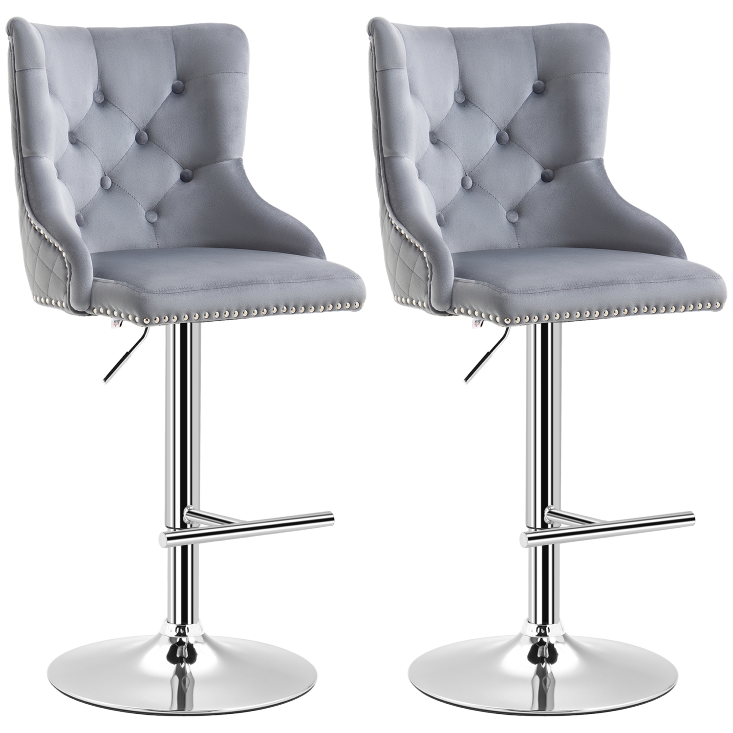 HOMCOM Modern Adjustable Bar Stools Set of 2, Swivel Velvet Barstools, Counter Height Bar Chairs with Button Tufted Back, Footrest, Nailhead Trim for