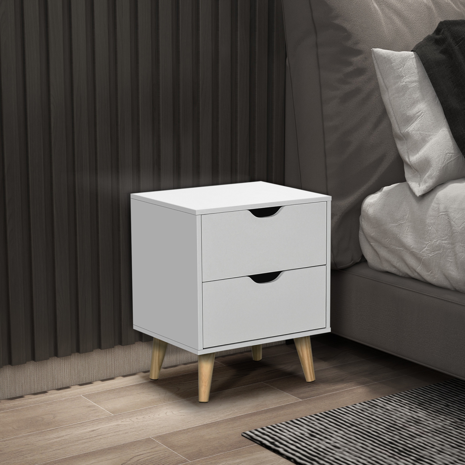 HOMCOM – Table de chevet moderne à 2 tiroirs, table de bout avec pieds en pin pour la chambre, blanc
