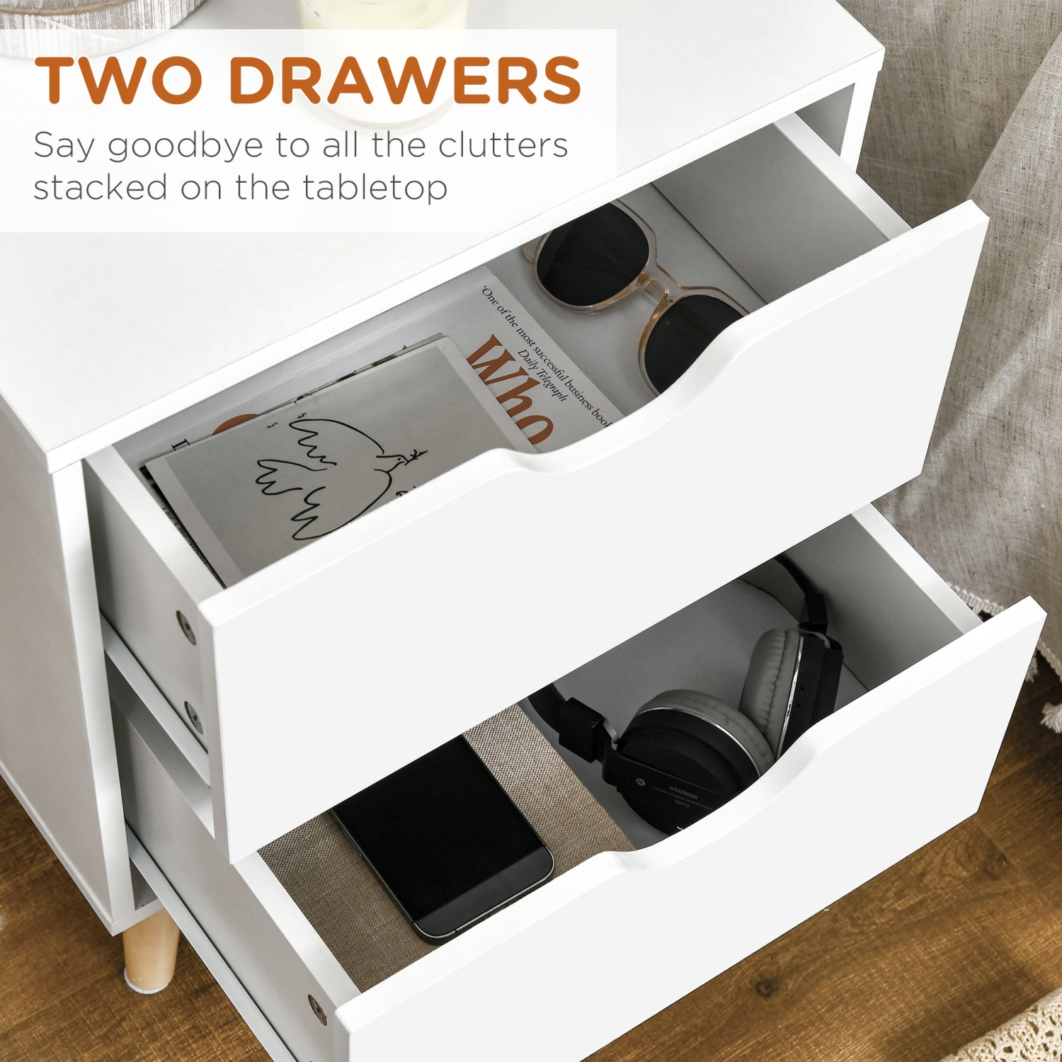 HOMCOM – Table de chevet moderne à 2 tiroirs, table de bout avec pieds en pin pour la chambre, blanc